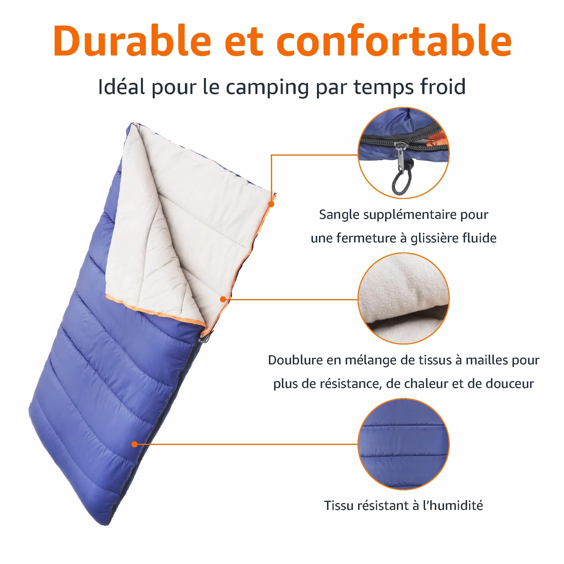 Amazon Basics Sac de Couchage Léger 4 Saisons Camping Randonnée 190 x 83 cm Bleu