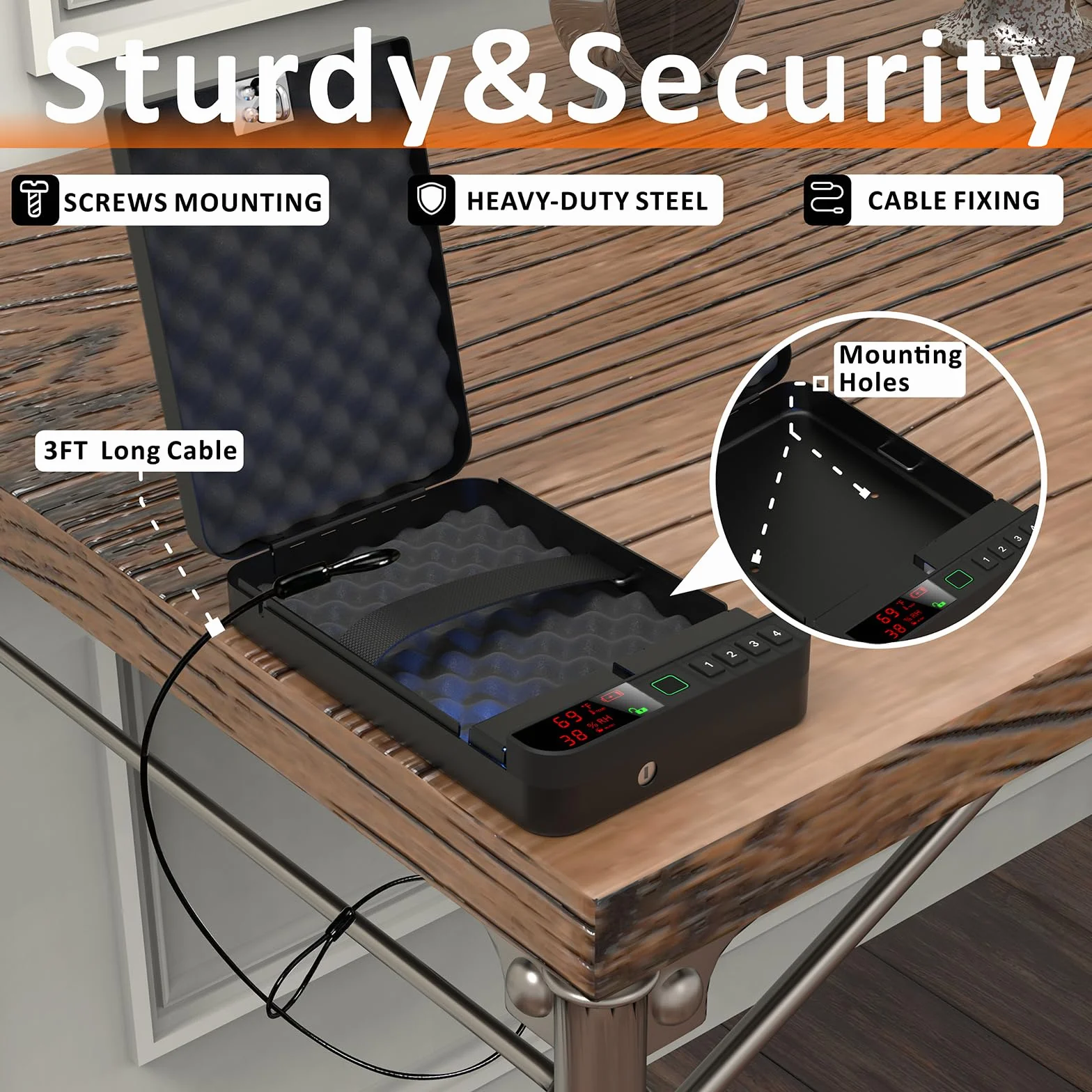 Z ZLJUAN Coffre-fort portable pour pistolet avec écran LCD de la température, de l'humidité, avec empreintes digitales biométriques, serrure à clavier, clé, arme de poing biométrique pour voyage