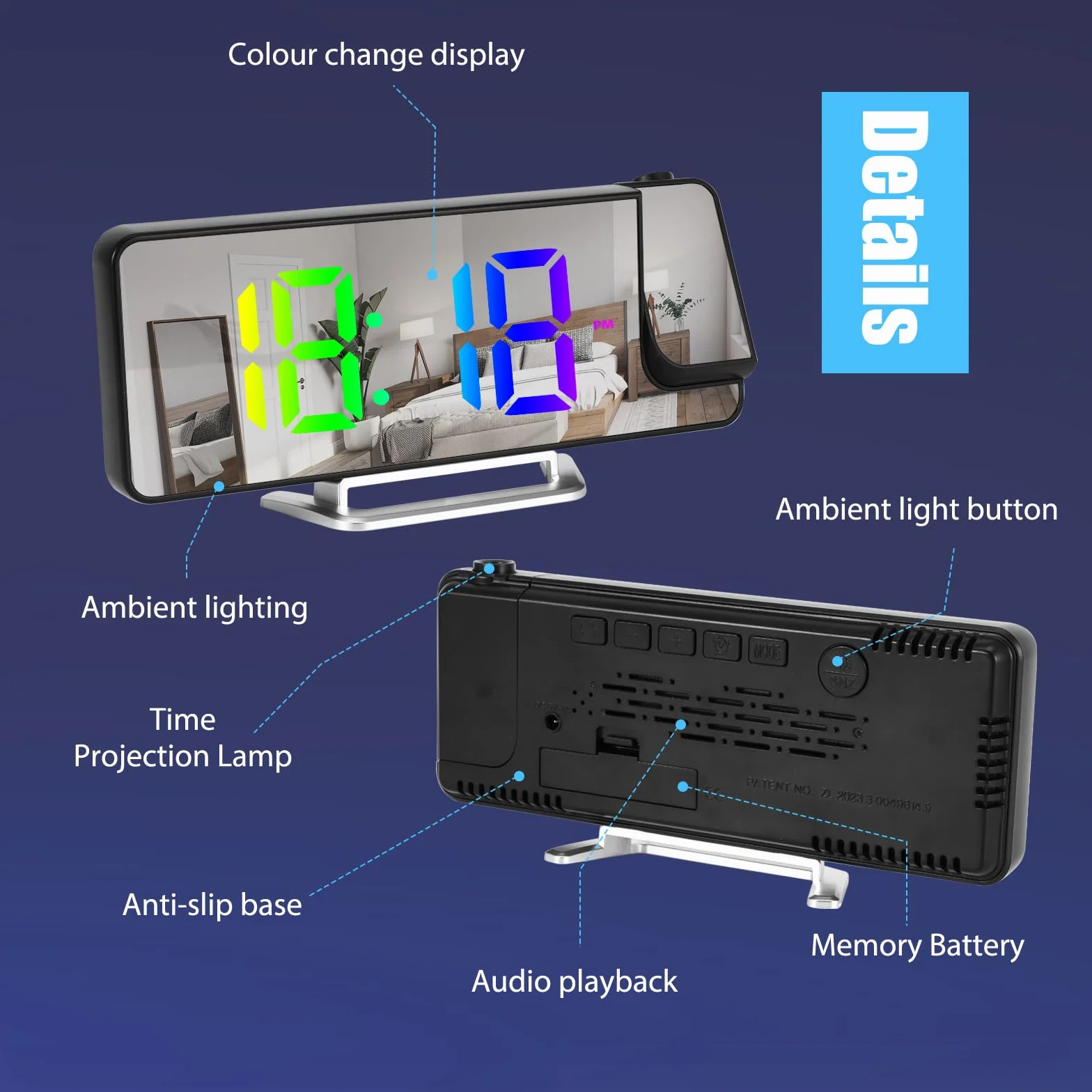 Réveil Projecteur LED 8,1" RGB, Projection Rotative 180°, Double Alarme 12/24H, Recharge USB