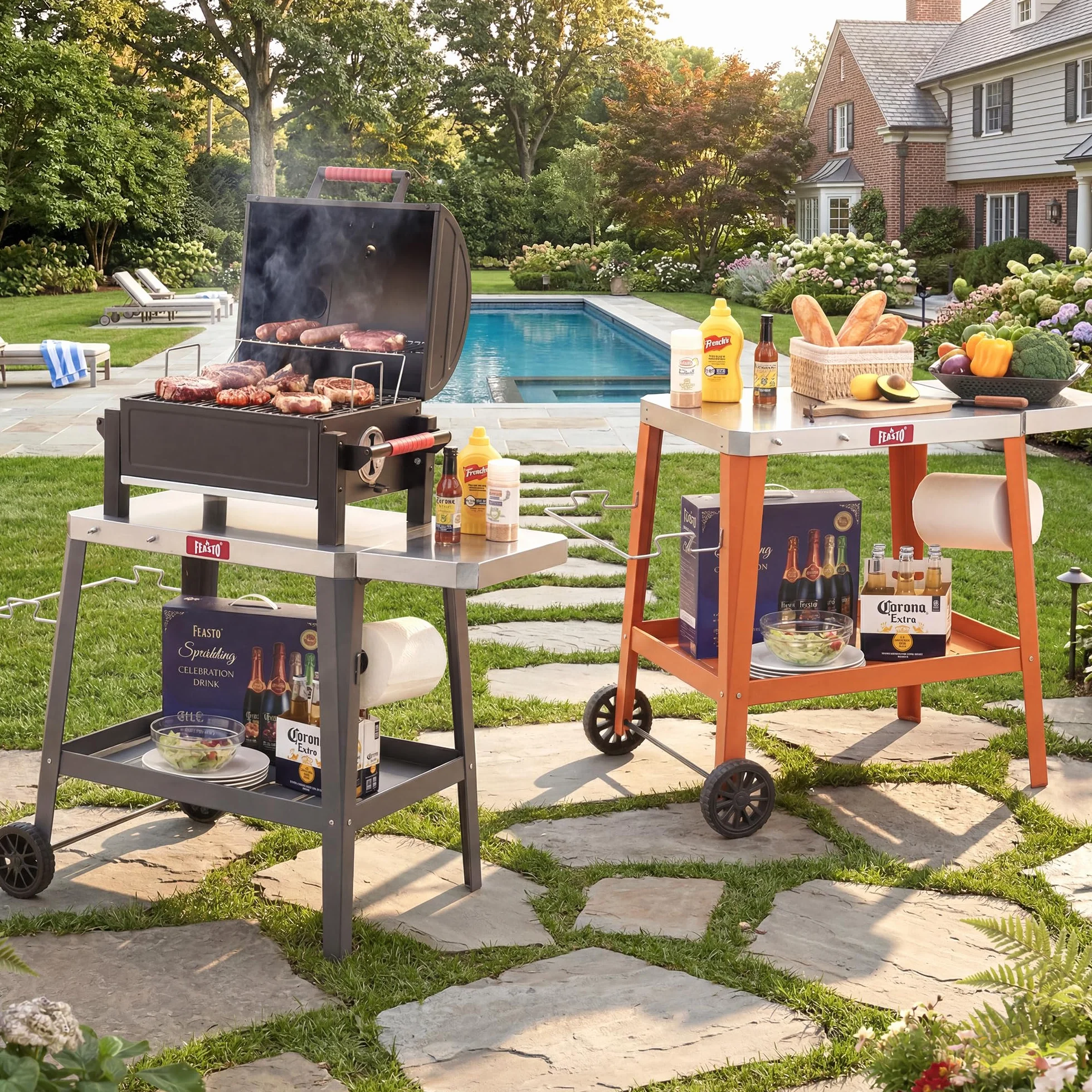 Feasto 2-Étagère Desserte de Jardin Pliable, Chariot de Barbecue Acier INOX, Gris