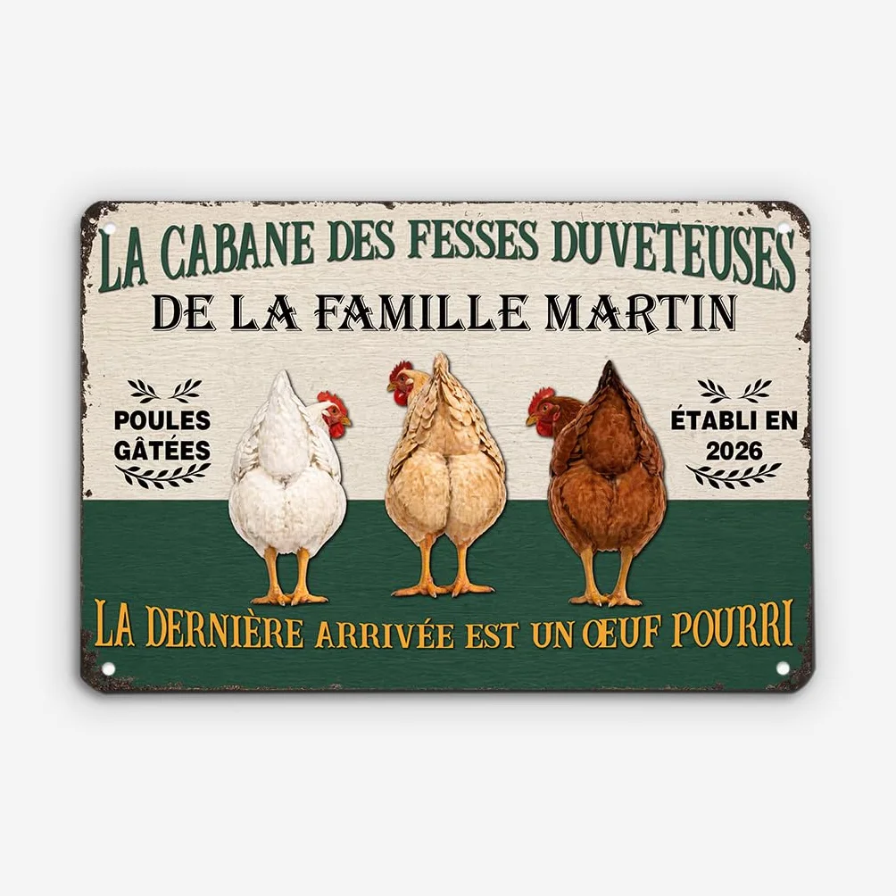 Plaque Personnalisée Les Poules Choyées Vivent Ici - Panneau Décoratif Extérieur Métal