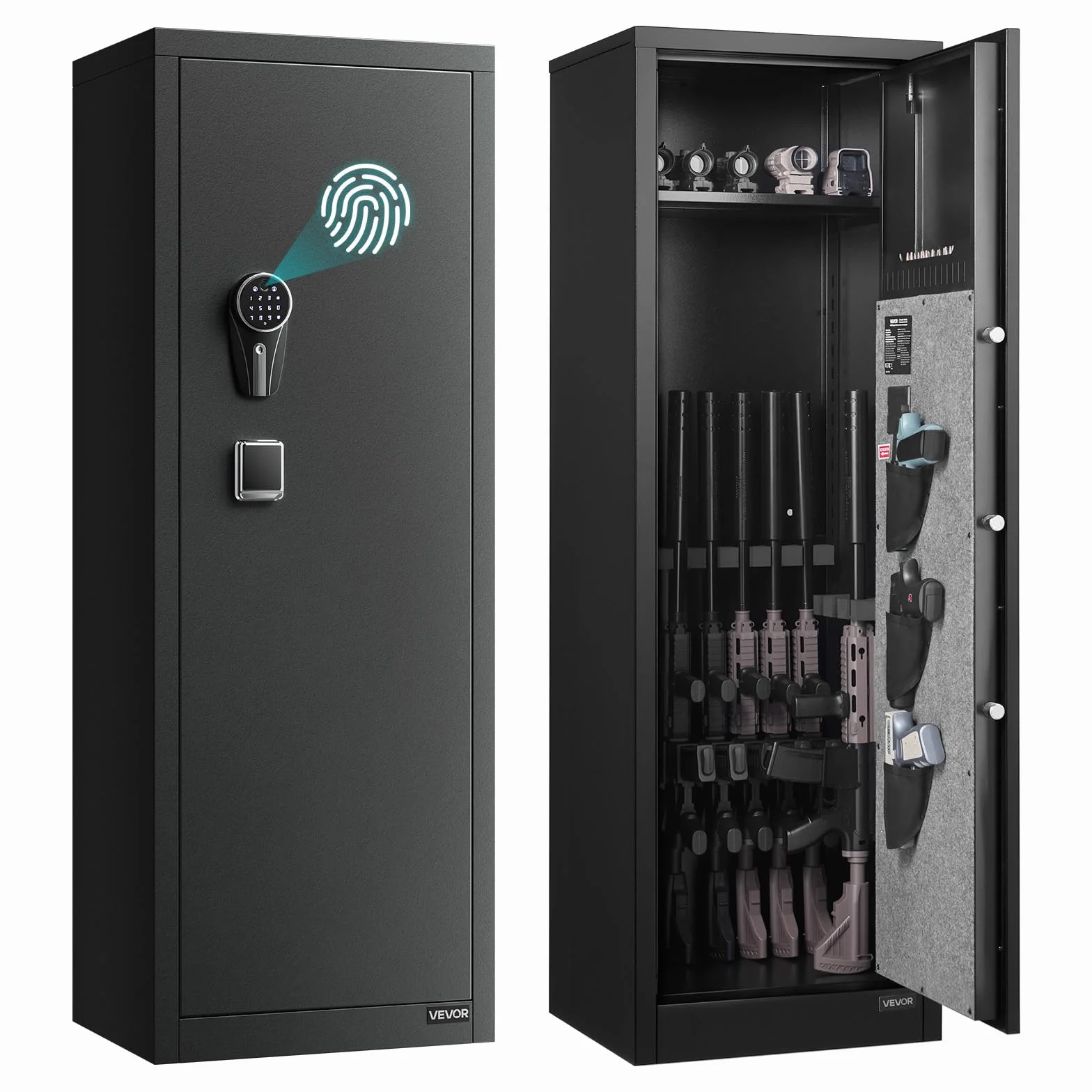 VEVOR Armoire à 8-10 Fusils, Coffre-Fort pour Armes à Feu Verrouillage par Empreinte Digitale et Mot de Passe et Clés, avec 3 Poches pour Pistolets et Supports Réglables, Accès Rapide, pour Domicile