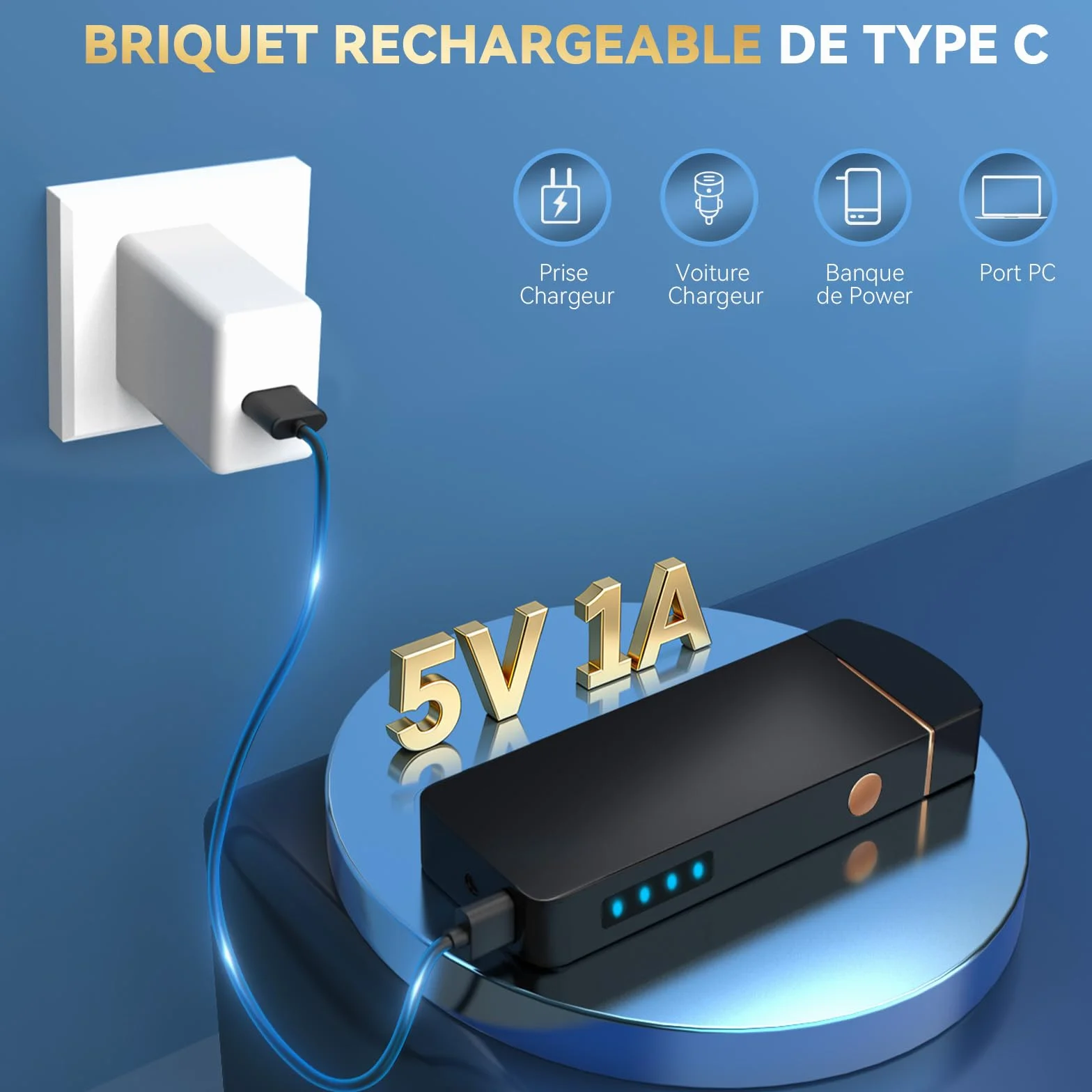 Briquet Electrique Rechargeable Double Arc USB Câble Coupe-Vent pour Bougie Barbecue Cadeau Homme