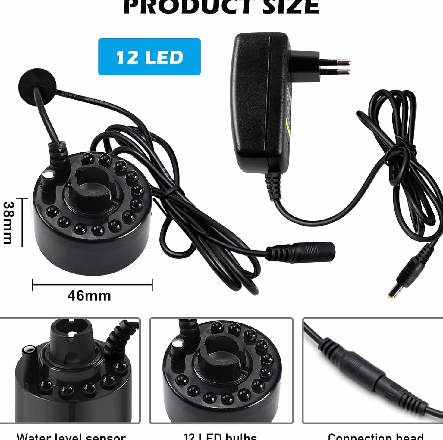Brumisateur à Ultrasons 12 LED Lumières Colorées Anti-éclaboussures Amovible pour Fontaine Étang Noir