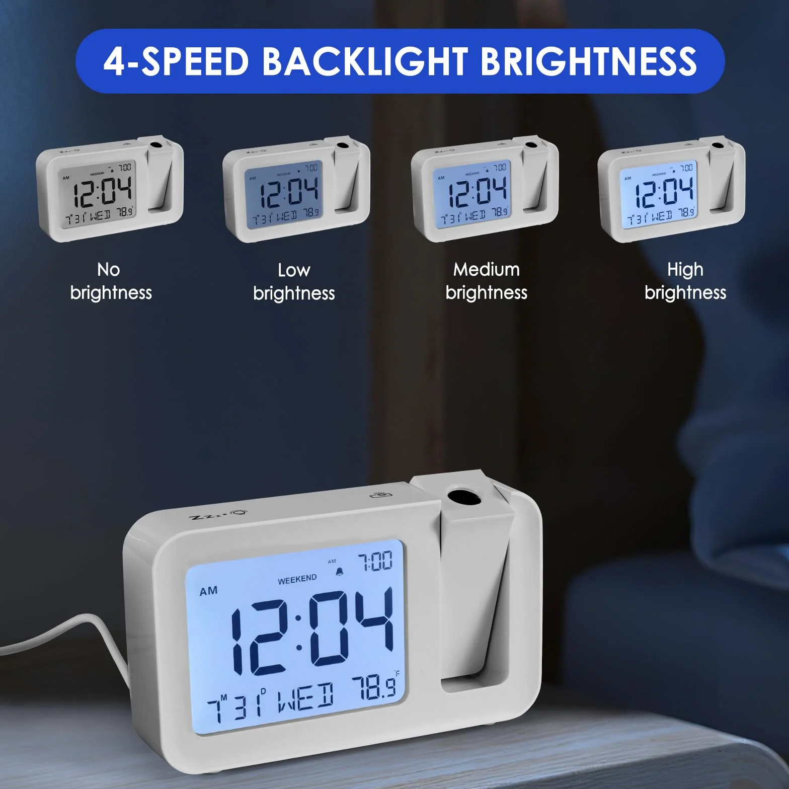 ALLOMN Réveil avec Projection Numérique, Température et Date, 4 Luminosité, Snooze 9 min, 12/24h, Mode Week-end