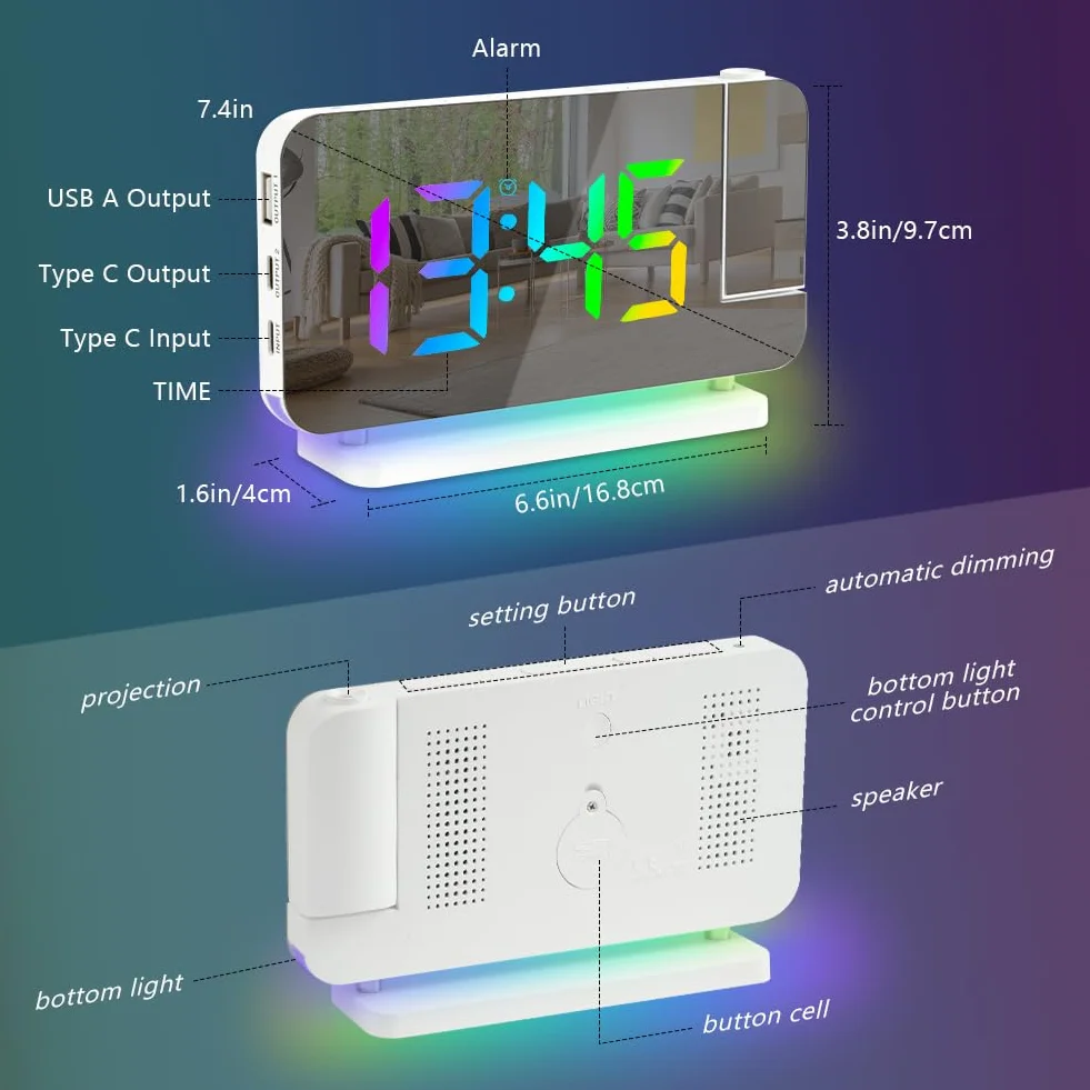 Réveil à Projection LED avec Charge USB, Rotation 180°, 11 Couleurs RVB & 10 Couleurs Veilleuse pour Chambre, Bureau (Blanc)