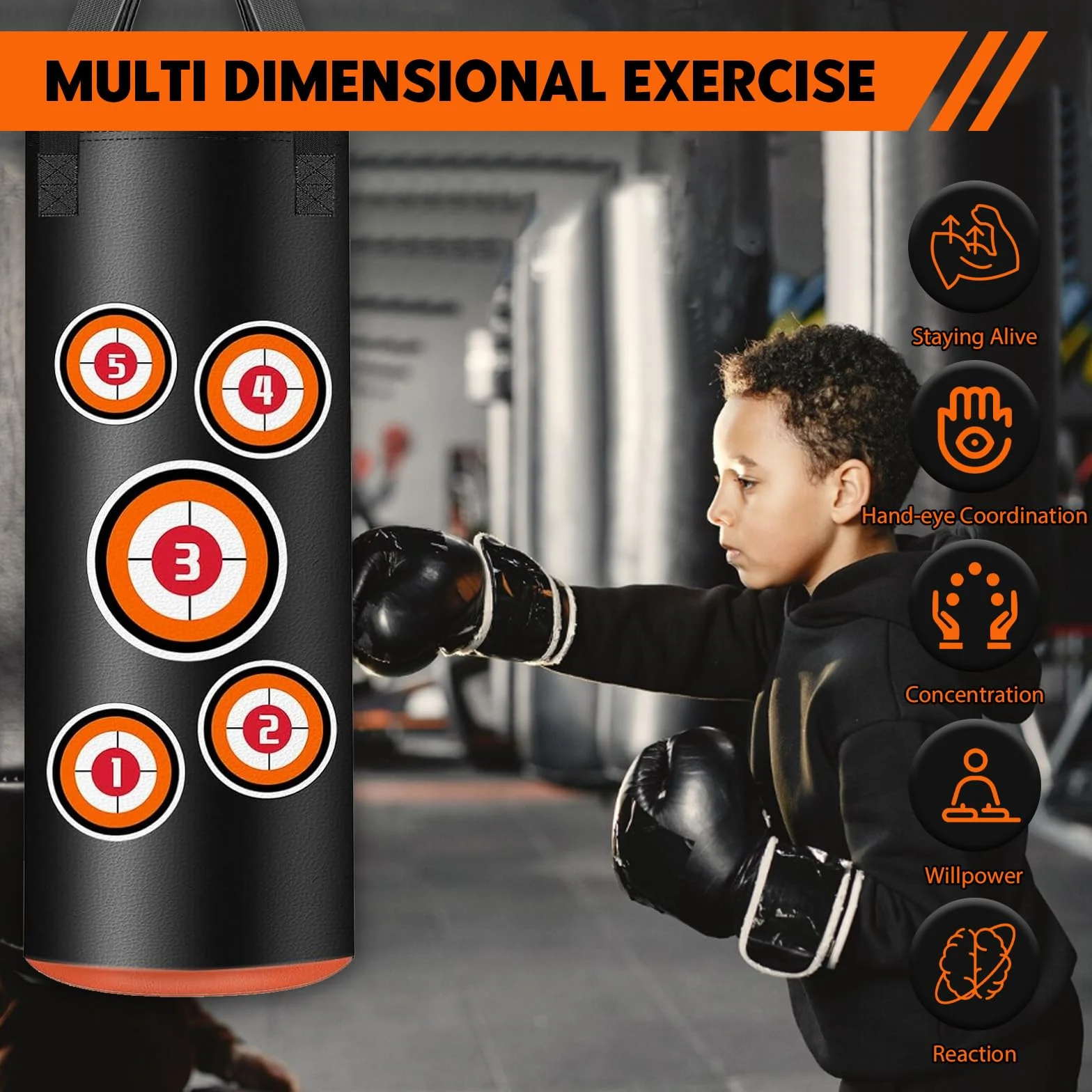 Sac de Frappe Enfant, Set de Sacs de Boxe Suspendus avec Gants, Chaînes et Crochets de Fixation, Sac de Frappe en Cuir Microfibre pour l'entraînement Kickboxing Fitness MMA Grappling Muay Thai Karaté
