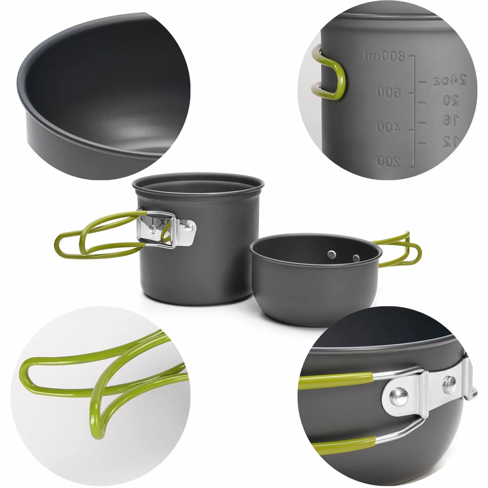 Odoland Kit de Casseroles Camping, 10PCS Ustensiles de Cuisine de Camping en Aluminium Durable, Camping Ustensiles Complets avec Réchaud de Camping Portable Ultraléger pour Camping, Randonnée, Pêche