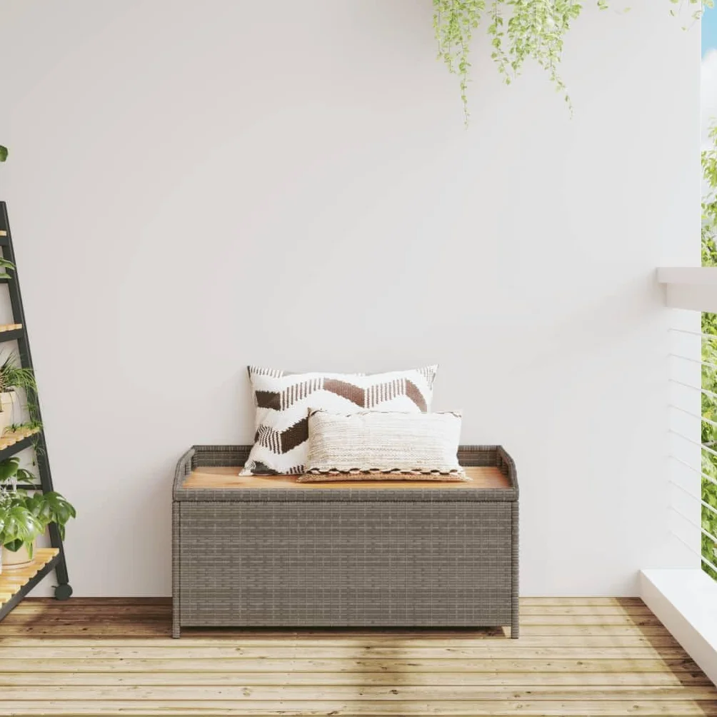 Coffre de Rangement Extérieur en Résine Tressée et Bois, Banc Coffre à Coussin pour Jardin Patio (Gris)