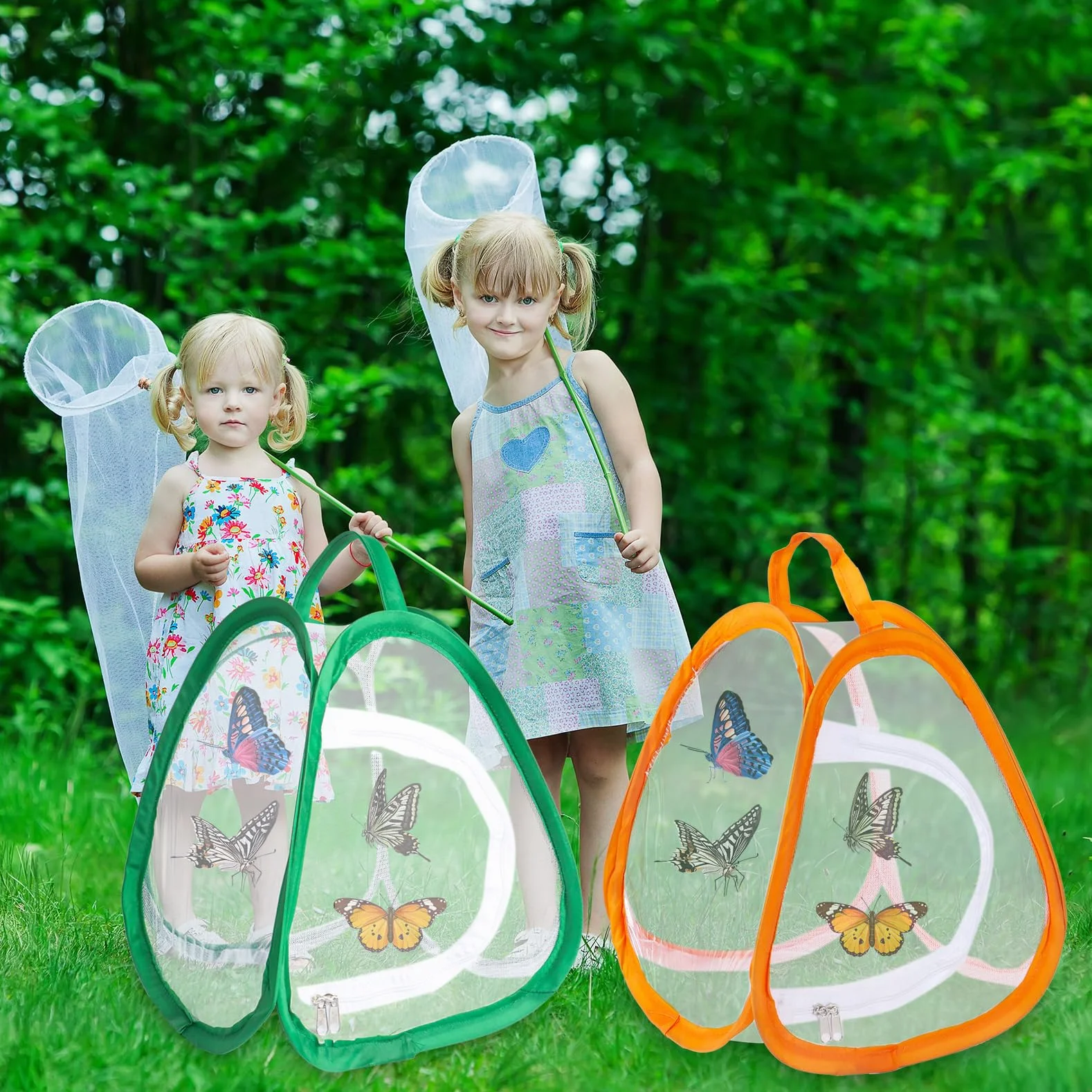 Cages à papillons en maille pour enfants Lot de 2 - Maison pop-up avec fermeture éclair portable (vert, orange)