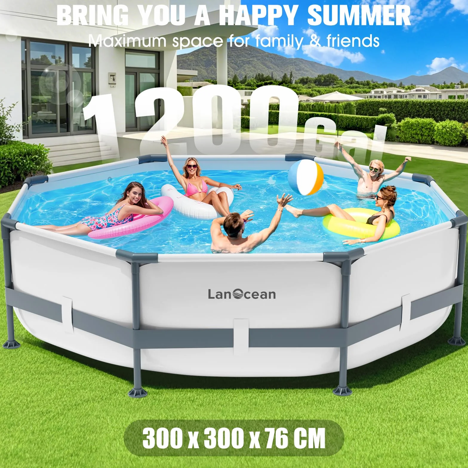LanOcean Piscine Tubulaire Ronde 300x300x76cm, Piscine Hors Sol avec Matériau Anti-Crevaison