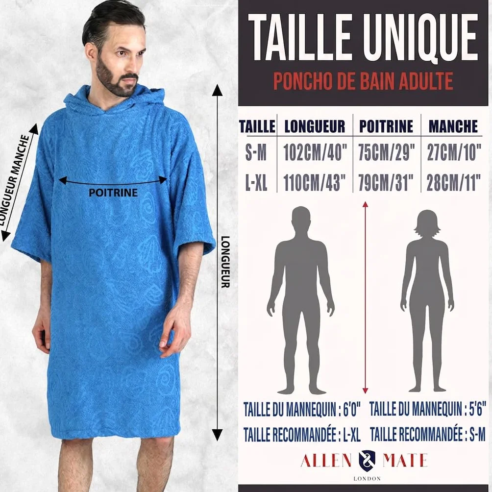ALLEN & MATE Poncho de Surf à Capuche 100% Coton – Peignoir de Change Absorbant Plage & Piscine pour Homme et Femme