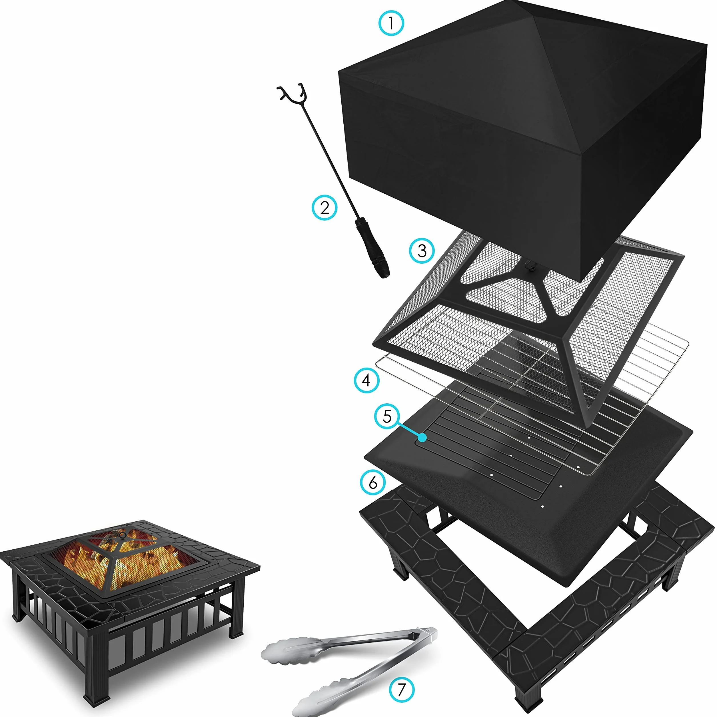 KESSER® 3 en 1 Foyer Multifonction avec Grille et Pince à Grillade, Brasero en Métal pour Jardin Terrasse