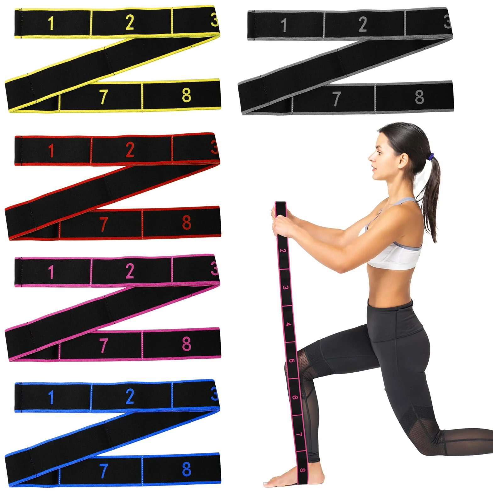 5 Pièces Bande Élastique de Yoga Résistance Band Fitness 8 Niveaux de Forces Bande Élastique Musculation Bande Elastique Etirement pour Fitness, Yoga, Pilates, Danse, Gymnastique (5 Couleurs)