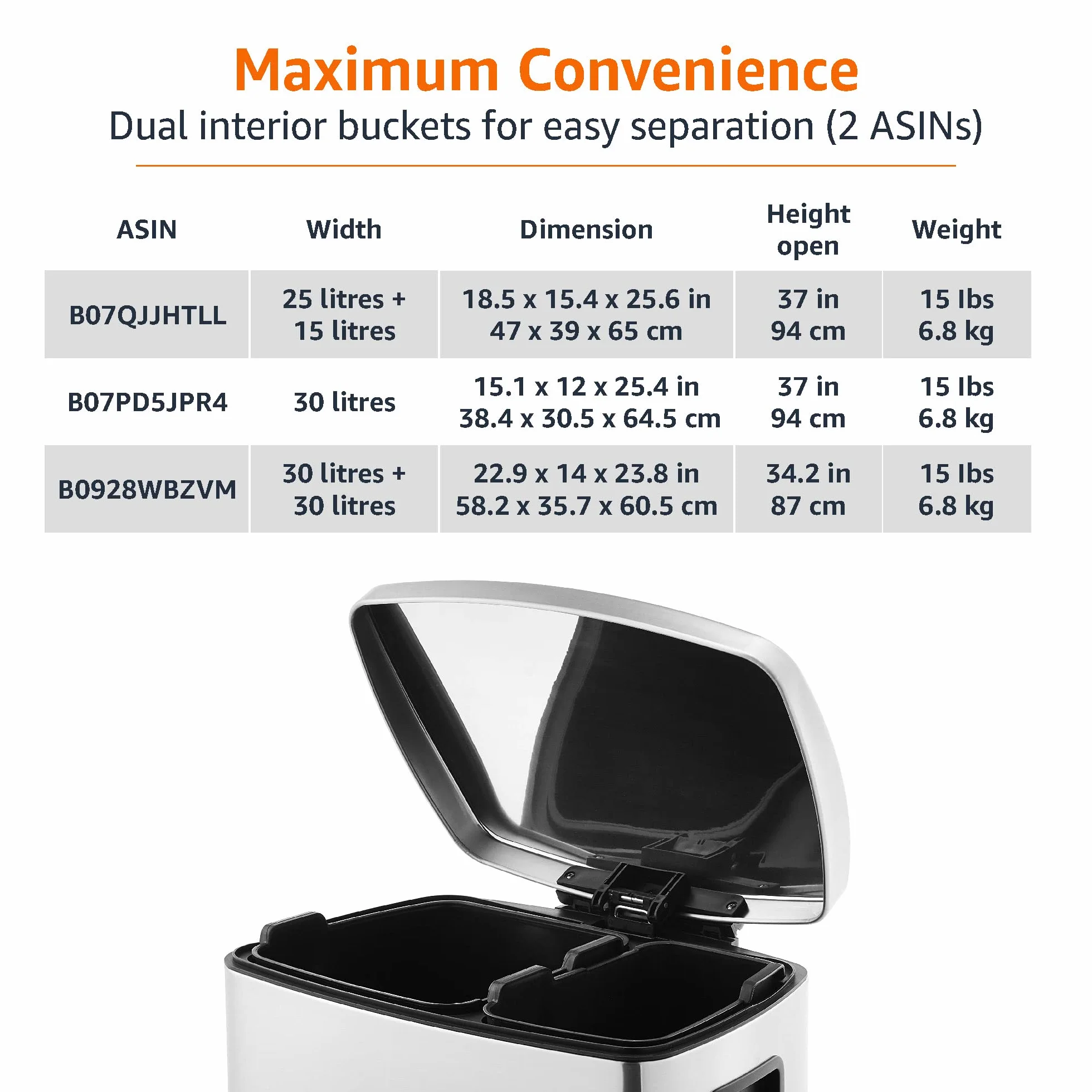 Amazon Basics Poubelle rectangulaire recyclage 2 compartiments 60 litres Noir Argent