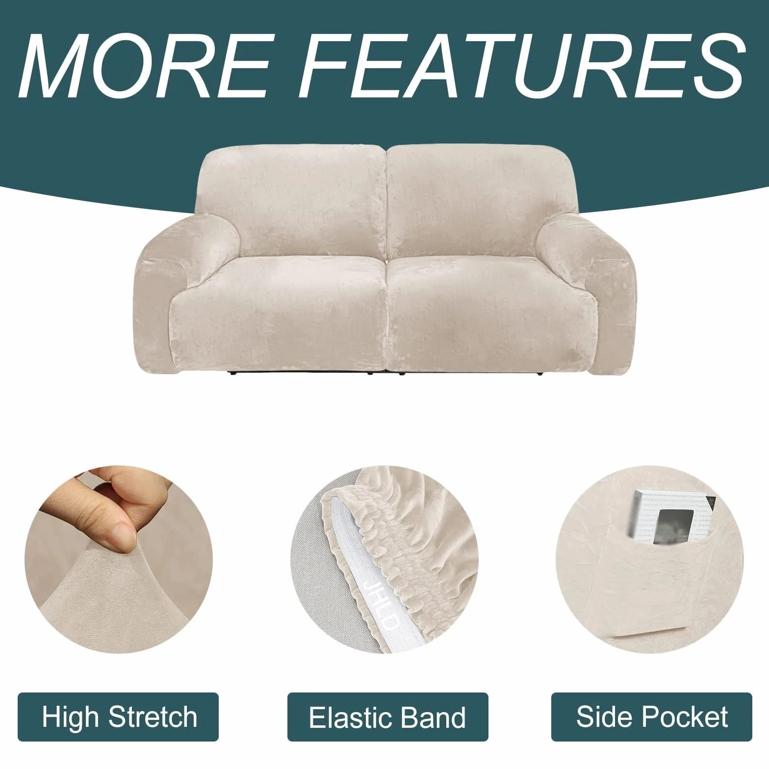Housse de Fauteuil Relax Extensible Velours 6 Pièces 2 Places Beige