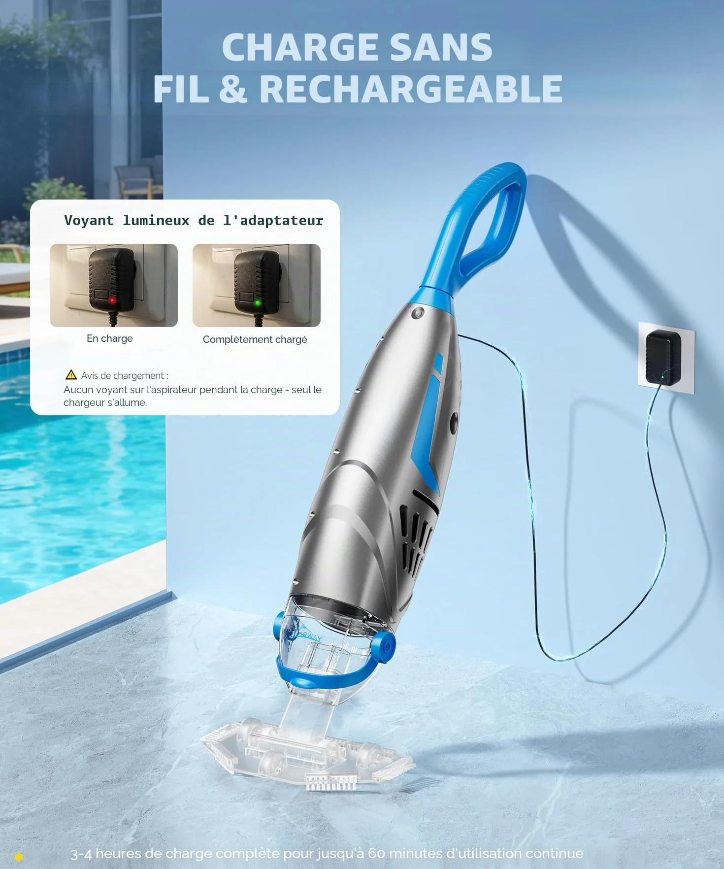 Aspirateur Piscine sans Fil 26,5 GPM IPX8 Balai Rechargeable avec 2 Têtes et 4 Sacs Filtrants