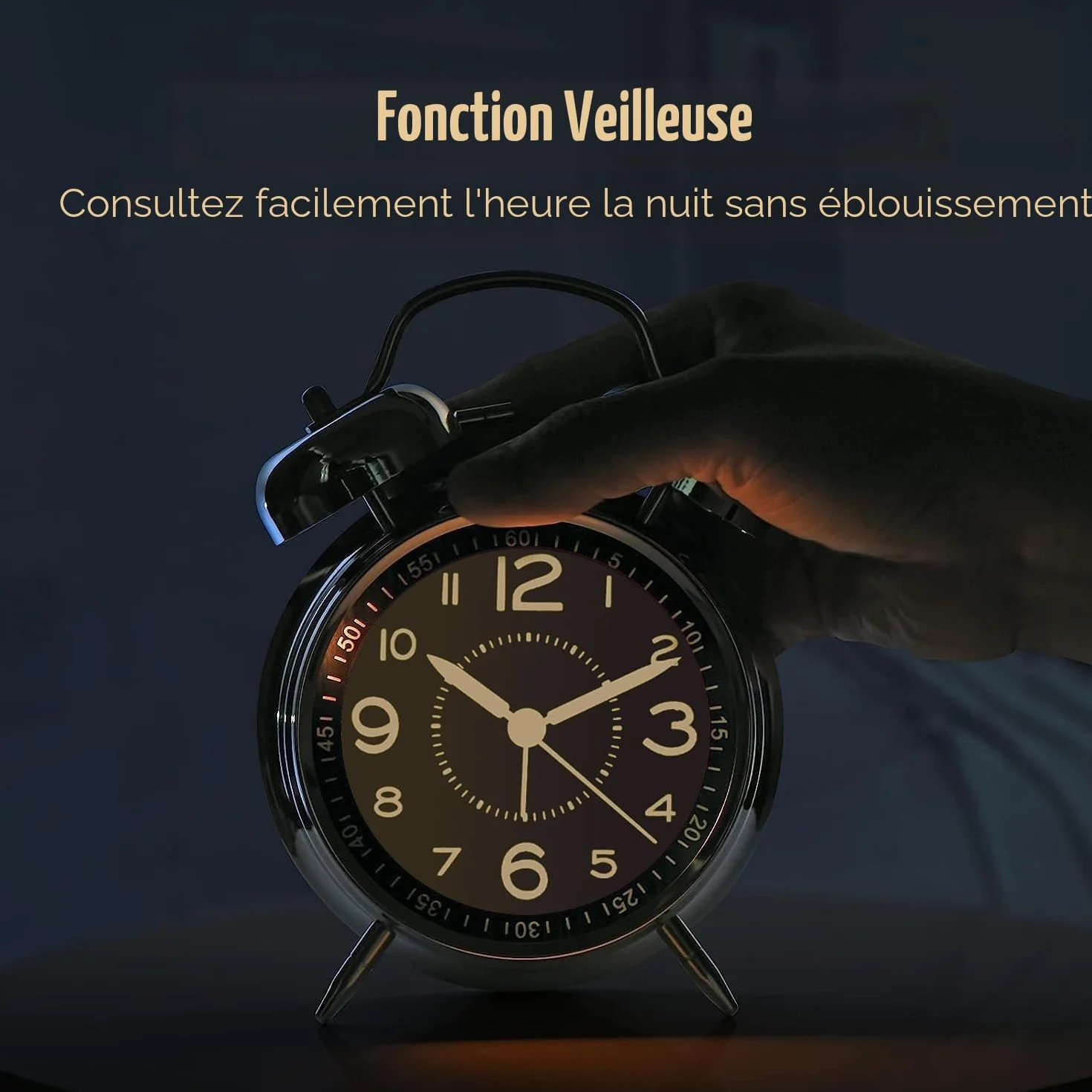 Réveil analogique rétro en métal à double cloche pour les dormeurs profonds, sans tic-tac, avec éclairage de nuit