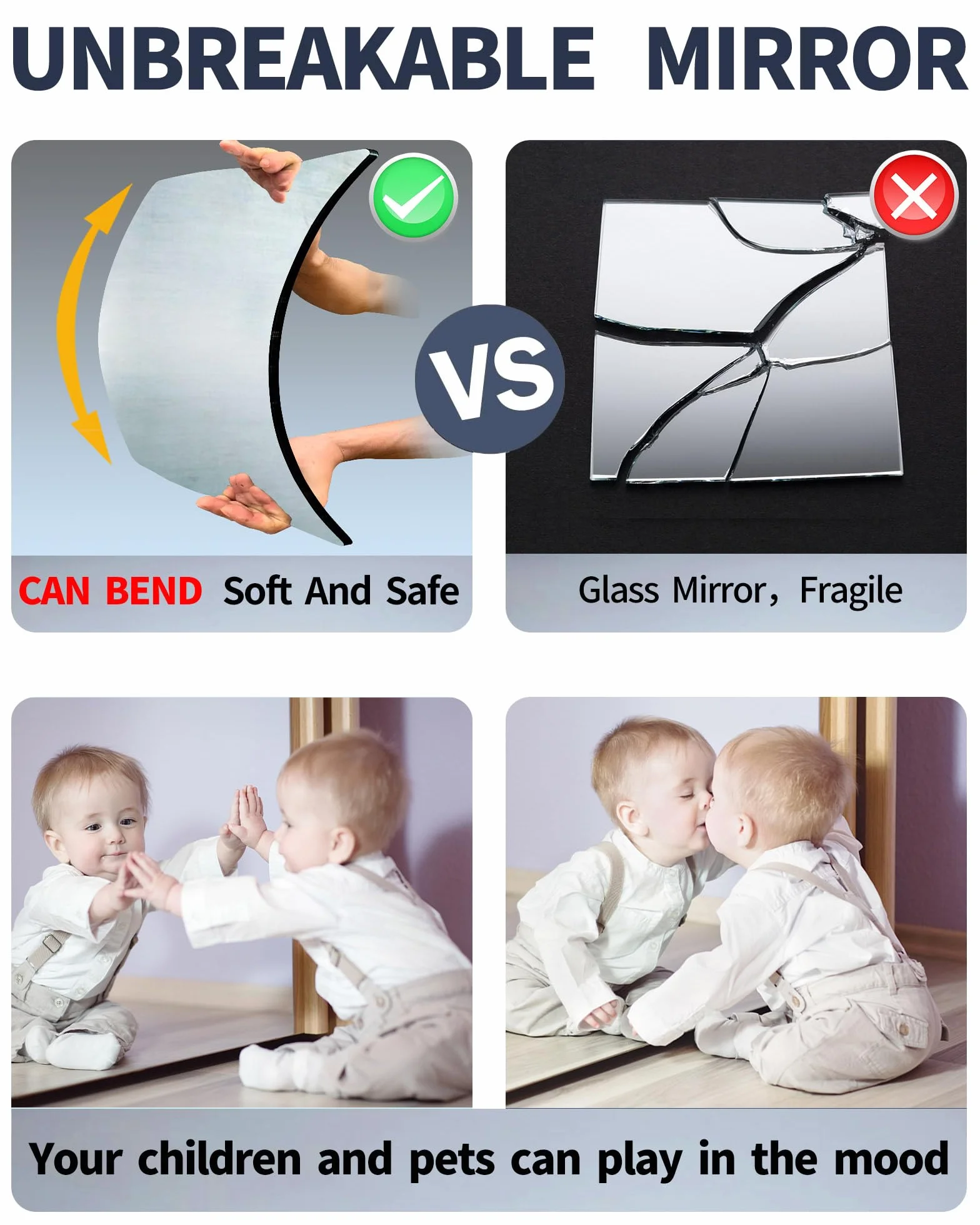 Miroirs autocollants incassables 25x25 cm lot de 4 plastique acrylique décoration murale chambre enfant