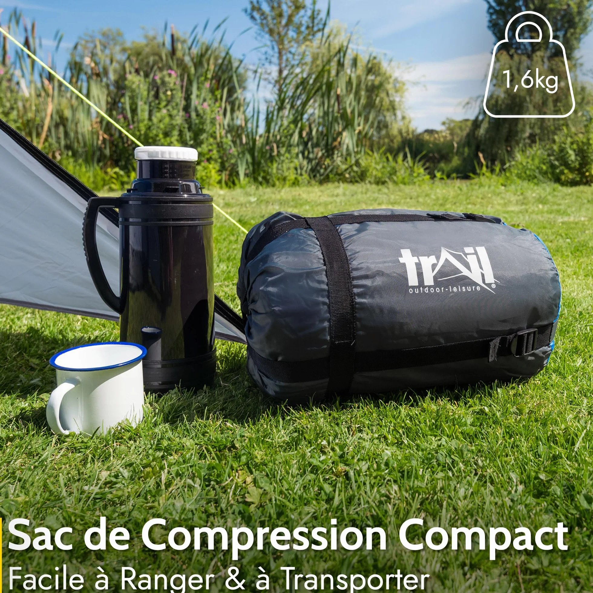 Trail Sac de Couchage Adulte Momie, Duvet 1 Personne pour 3 Saisons, Sac de Couchage Compact de 300 GSM pour Camping avec Poches et Sac de Compression