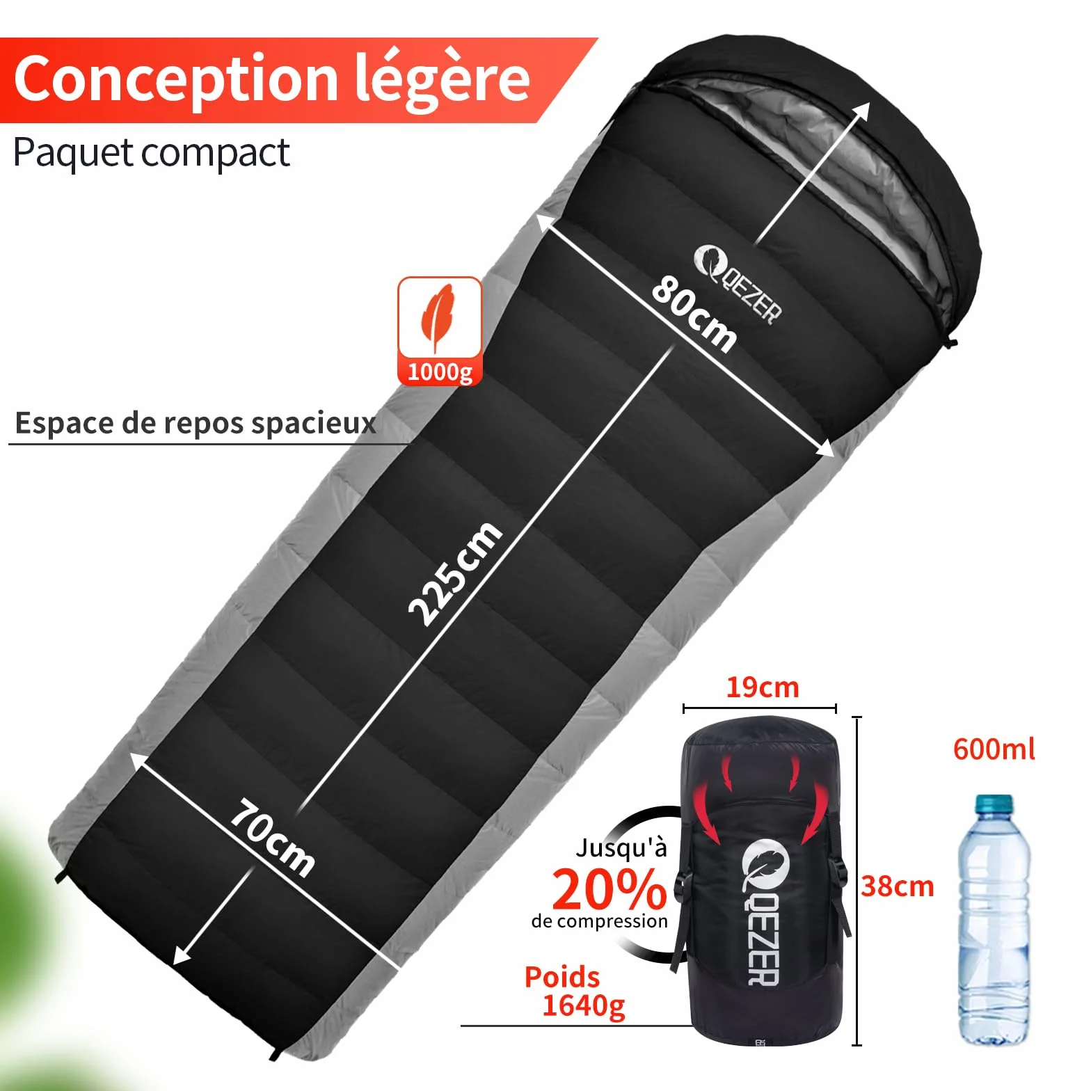 Sac de Couchage Adulte，en Duvet ，Sac de Couchage ultraléger 4 Saisons avec Petit Emballage pour Adultes et Enfants, Camping et randonnée de Plein Air