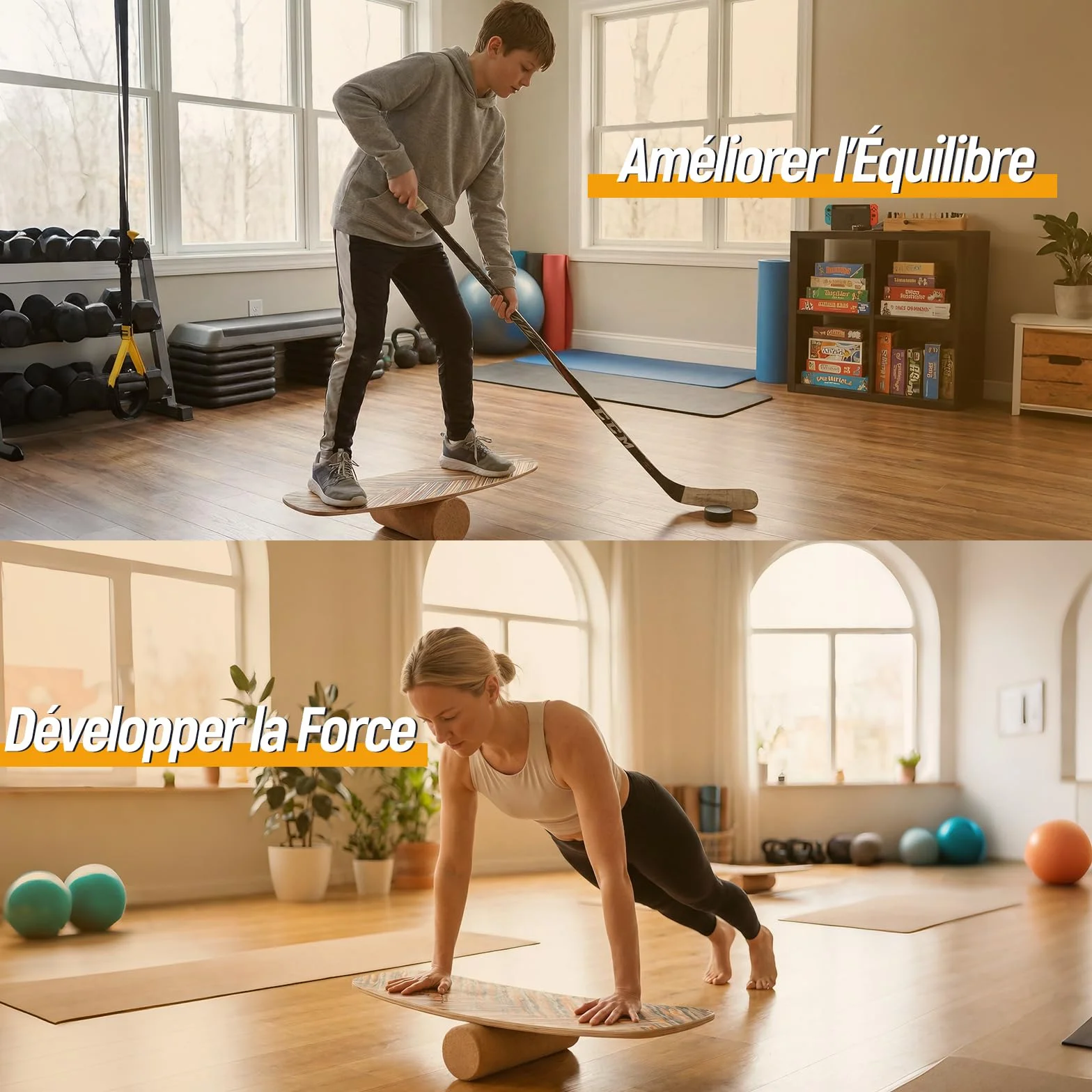 COSTWAY Planche d'Équilibre en Bois avec Rouleau en Liège Stabilisé, Balance Board d'Intérieur à Améliorer Force Centrale&Stabilité, Planche de Surf Avancée pour Yoga, Entraînement du Corps