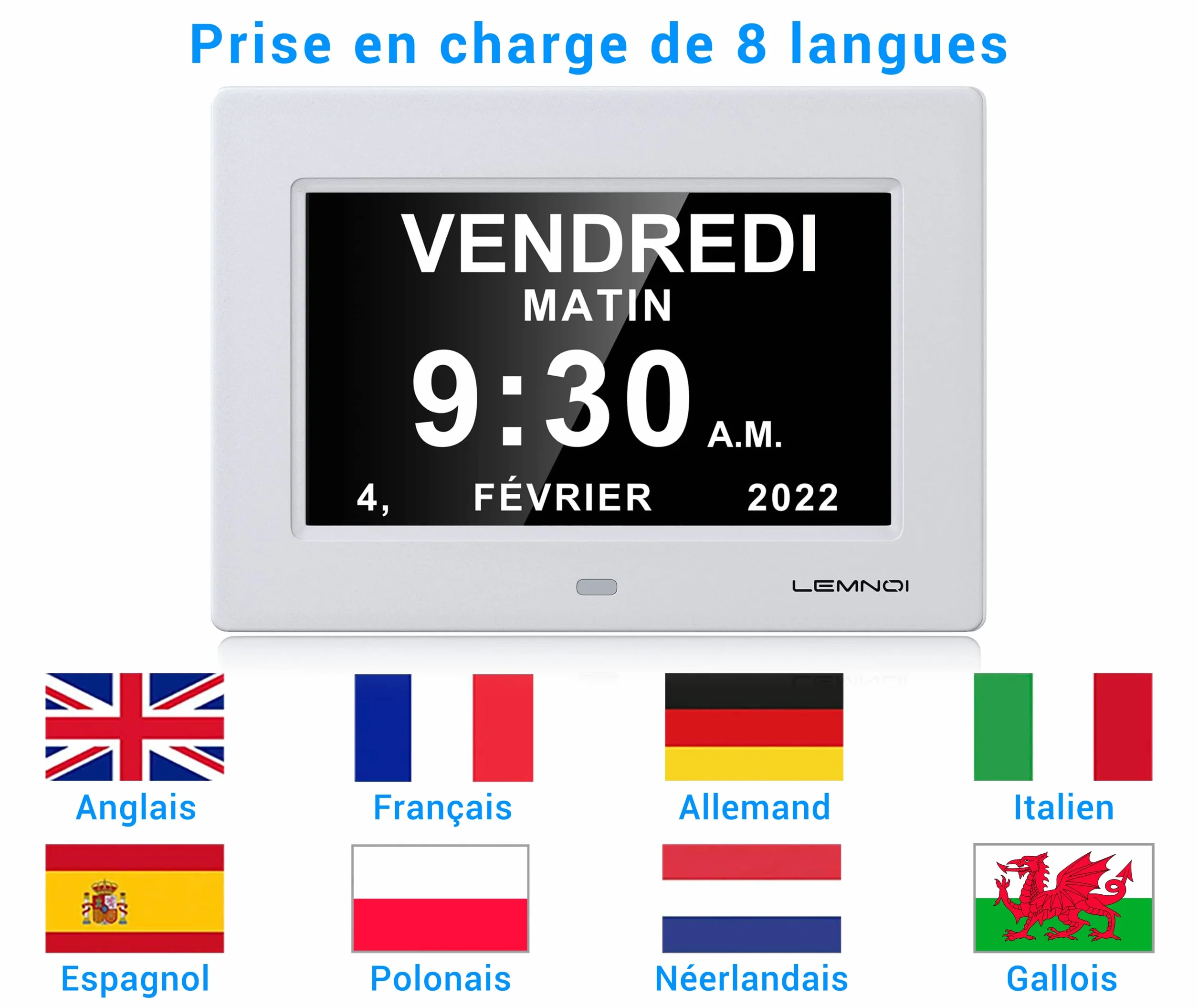 LEMNOI 7" LCD Digital Clock Calendar with Date Day Time Auto Dimming 8 Languages HD Display for Alzheimer Elderly Kids White