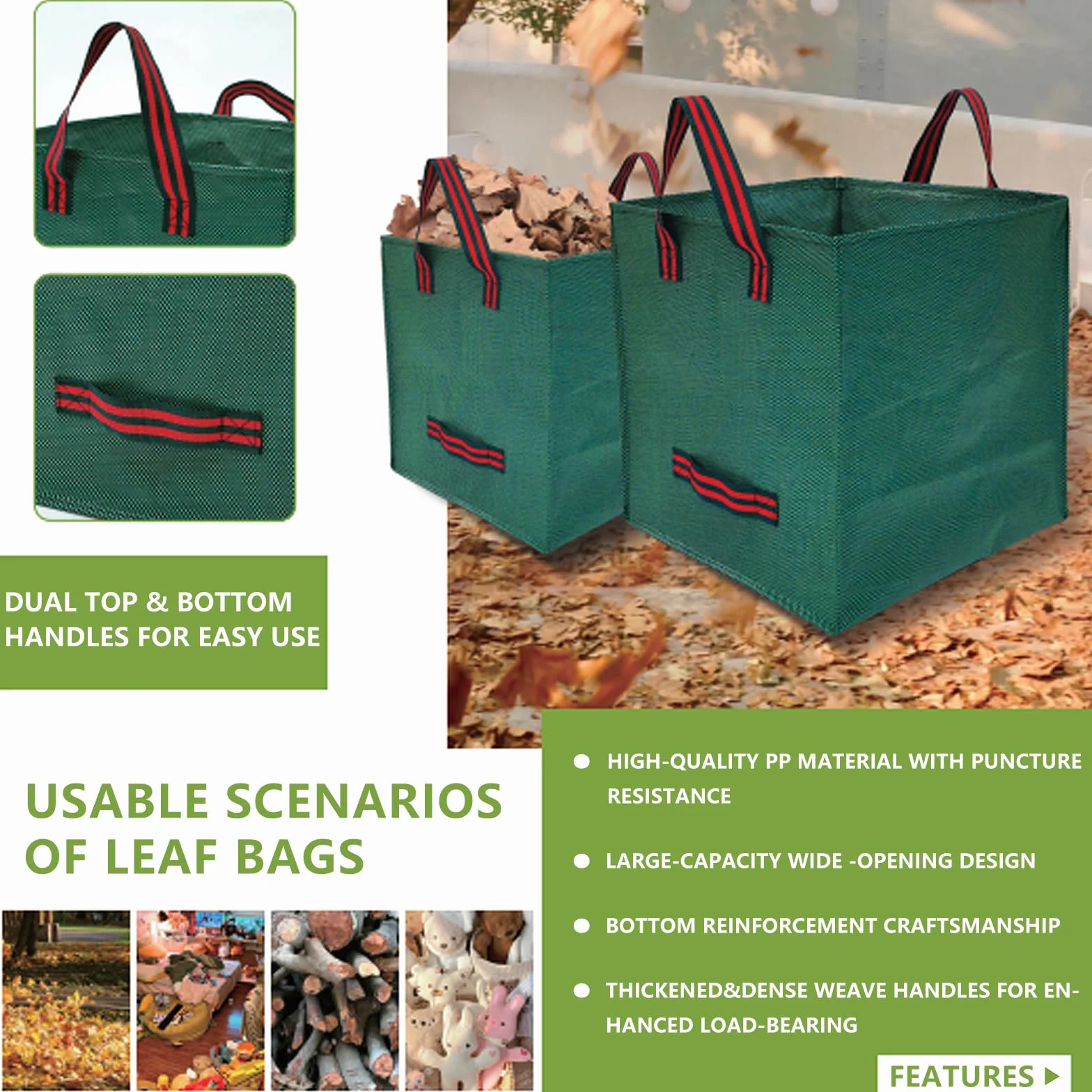 Goutime Sac à Feuilles Réutilisable 272L Pliable Jardinage Robuste 3 Poignées Imperméable Sac Déchets Verts Jardin Pelouse