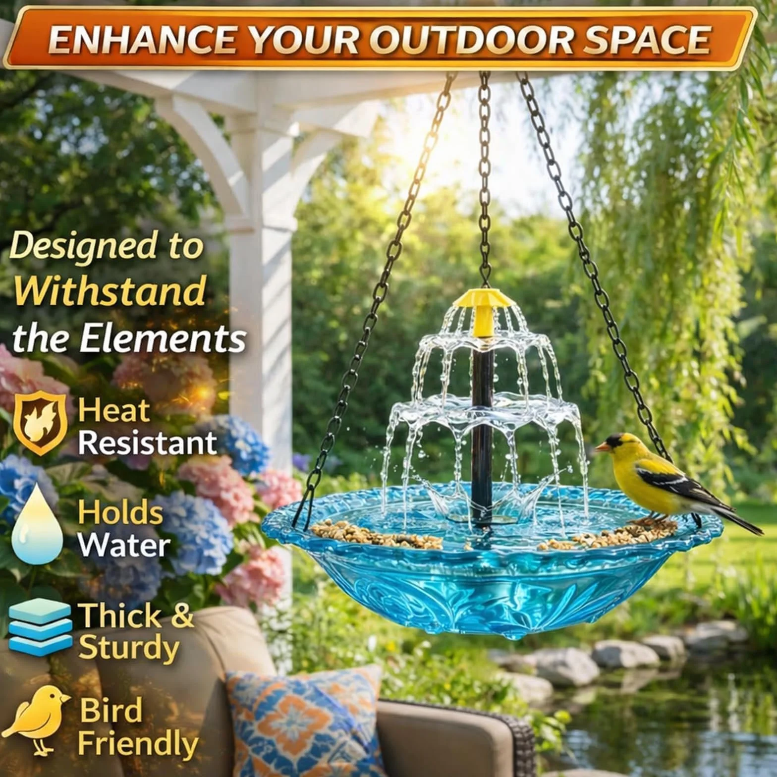 Fontaine Solaire Oiseaux Abreuvoir Suspendu Cascade Pompe Solaire Attire Colibri Bleu