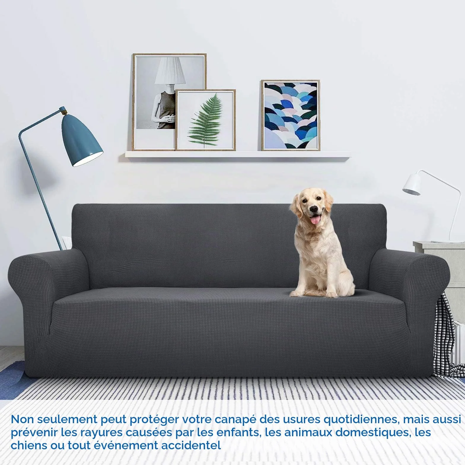 MAXIJIN Housse de canapé extensible 3 places Gris, housse universelle jacquard protecteur pour salon, pet friendly