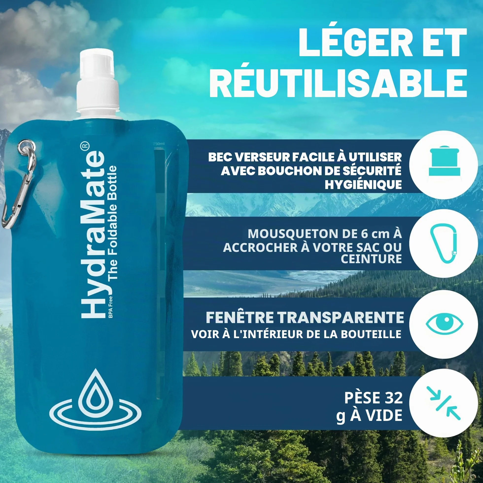 SwimCell Gourde Souple Bouteille Pliable - Poche A Eau 750ml Légère Flexible Sans BPA. Bouteille De Voyage, Camping, Festival, Activités Extérieures. Réutilisable Durable. Mousqueton Inclus. Bleu