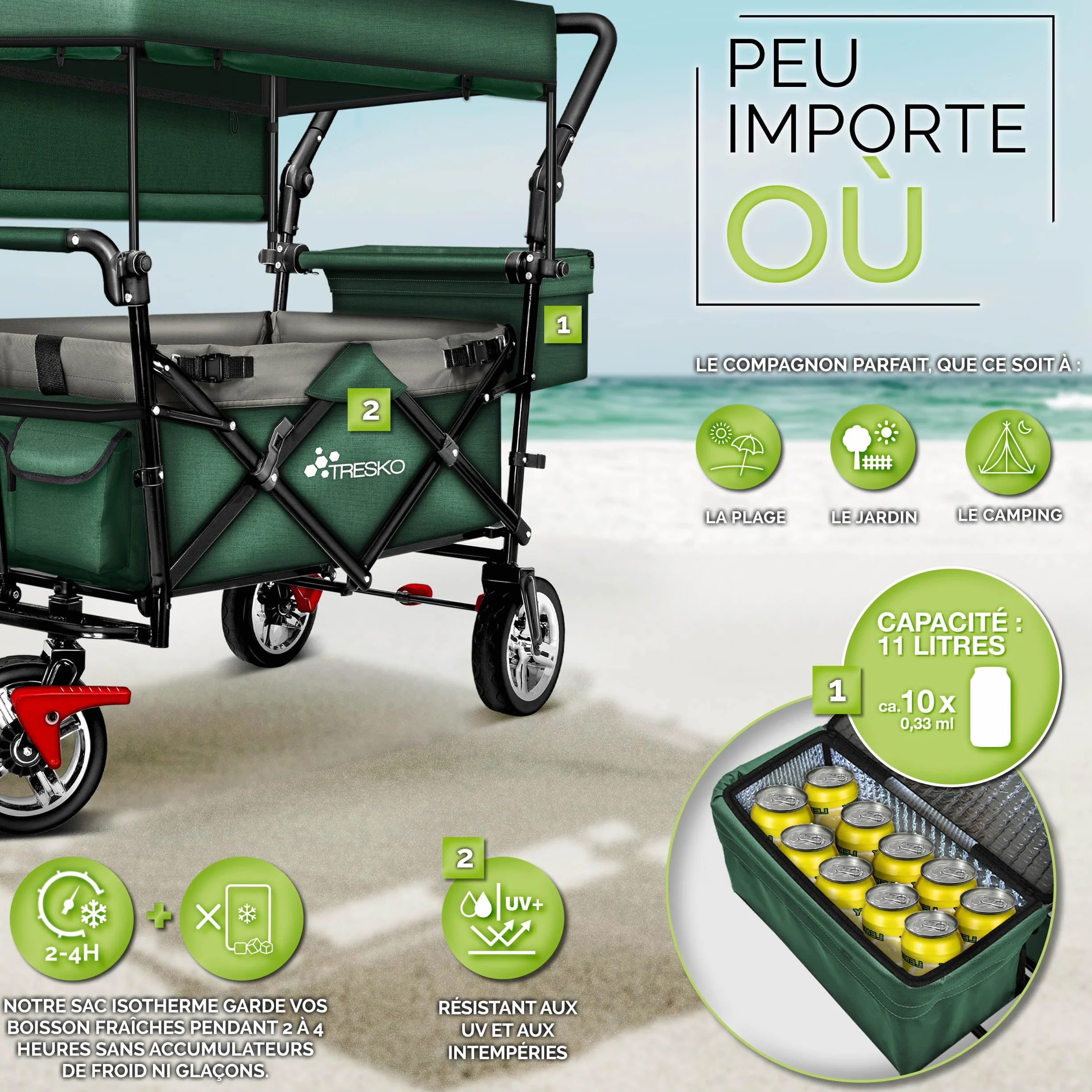 TRESKO Chariot de Transport Pliable avec Sac Isotherme et Frein pour Plage et Jardin