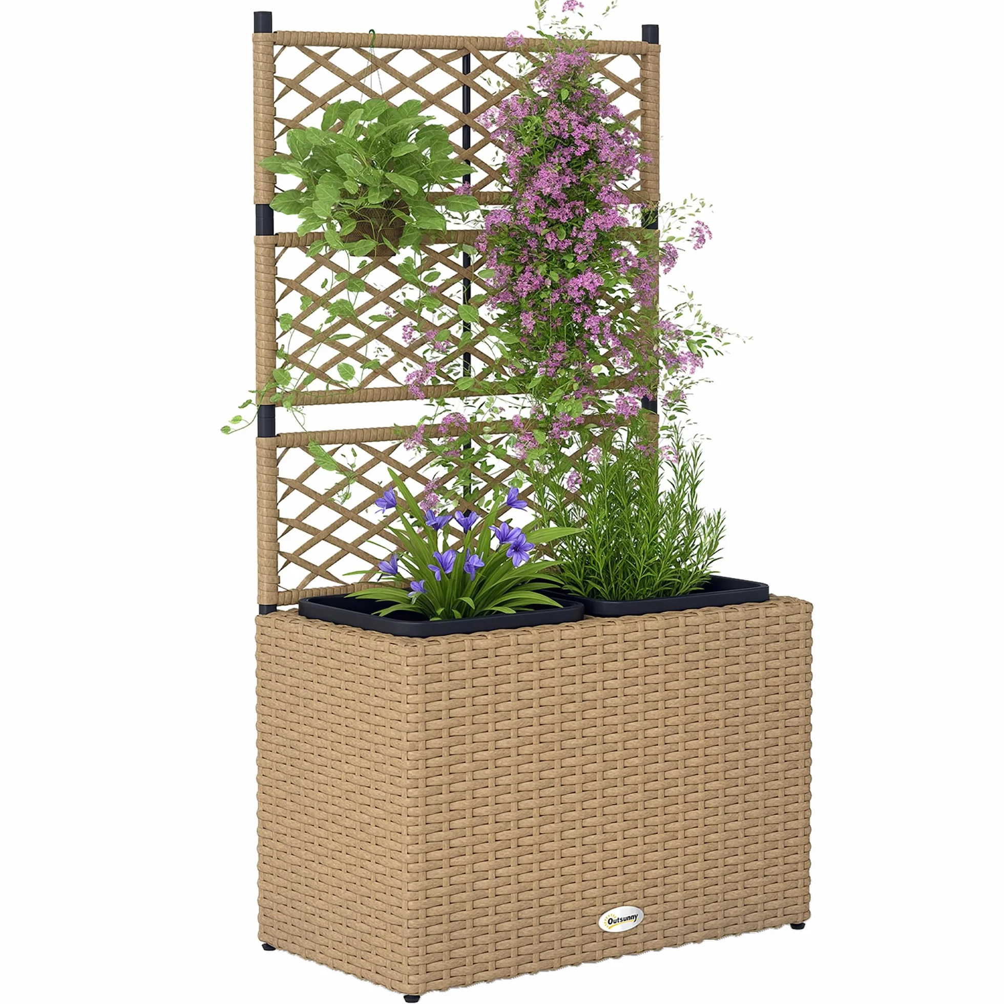Outsunny Jardinière pour Plantes avec Treillis 2 Pots, 22L, Résine Tressée et Acier, 57 x 30 x 107 cm, Sable