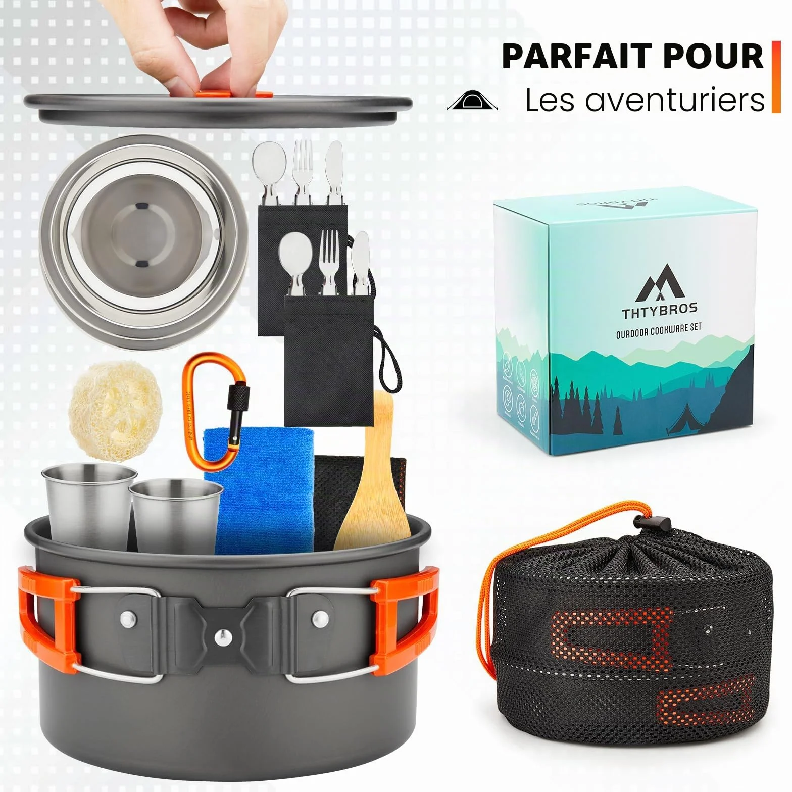 Ensemble de Batterie de Cuisine Camping 17 Pièces, Casserole et Bouilloire en Aluminium Anodisé Dur avec 2 Tasses, 2 Assiettes et Couverts en Acier Inoxydable pour Randonnée, Trek et Pique-nique