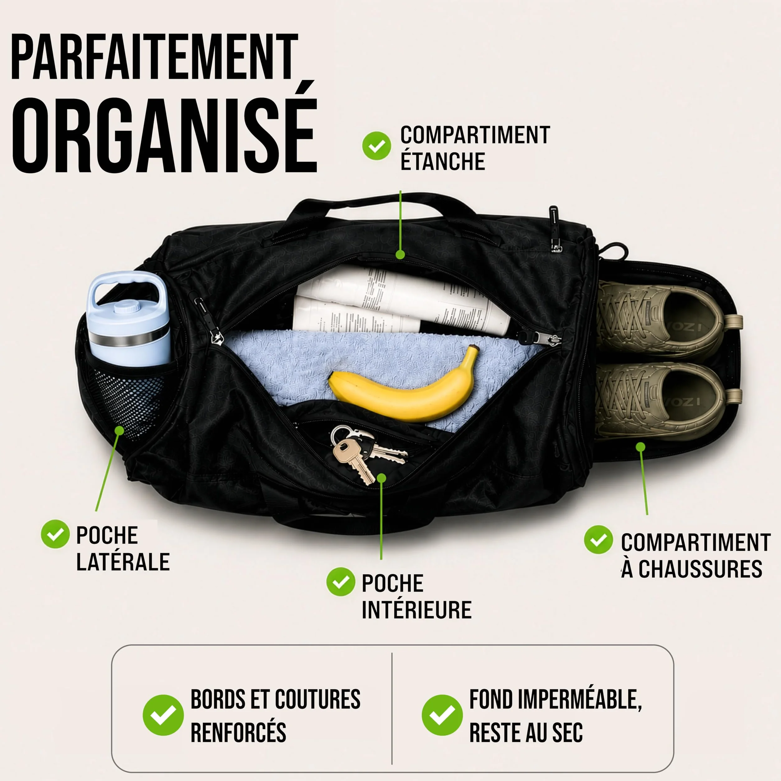 Sac de Sport Femme Homme avec Compartiments Chaussures 30 l Noir