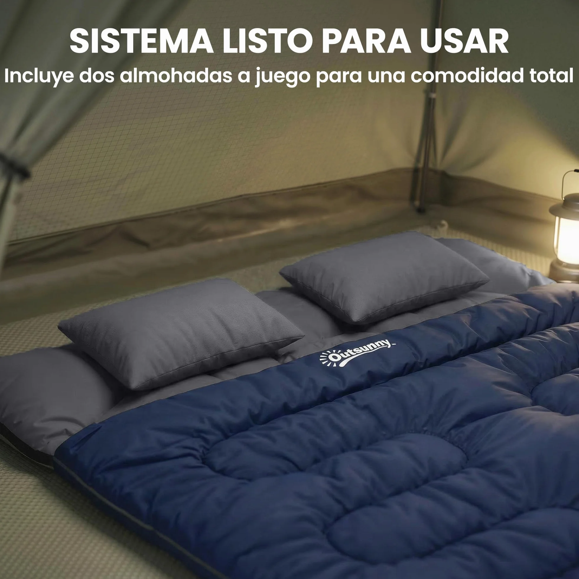 Outsunny Sac de couchage double adulte, léger, taille Queen pour 2 personnes 3 saisons, sac de couchage rectangulaire avec 2 oreillers et sac de transport, pour les jours froids, le camping, la