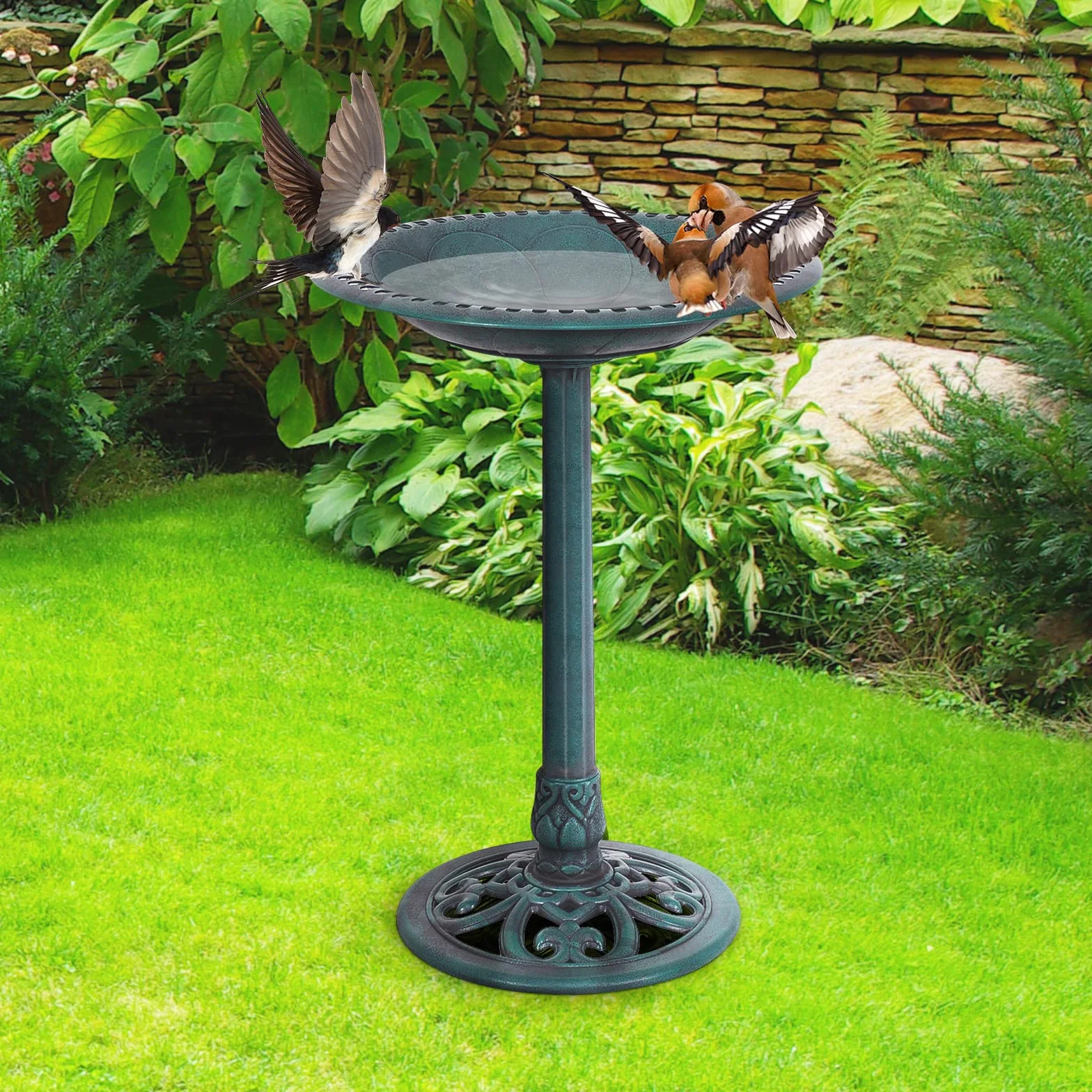 COSTWAY Abreuvoir Oiseaux Extérieur Plateau Dia.50 cm, Mangeoire Oiseaux Hauteur 72CM, Bain d'oiseaux sur Pied, Design Antique (Bronze Vert)