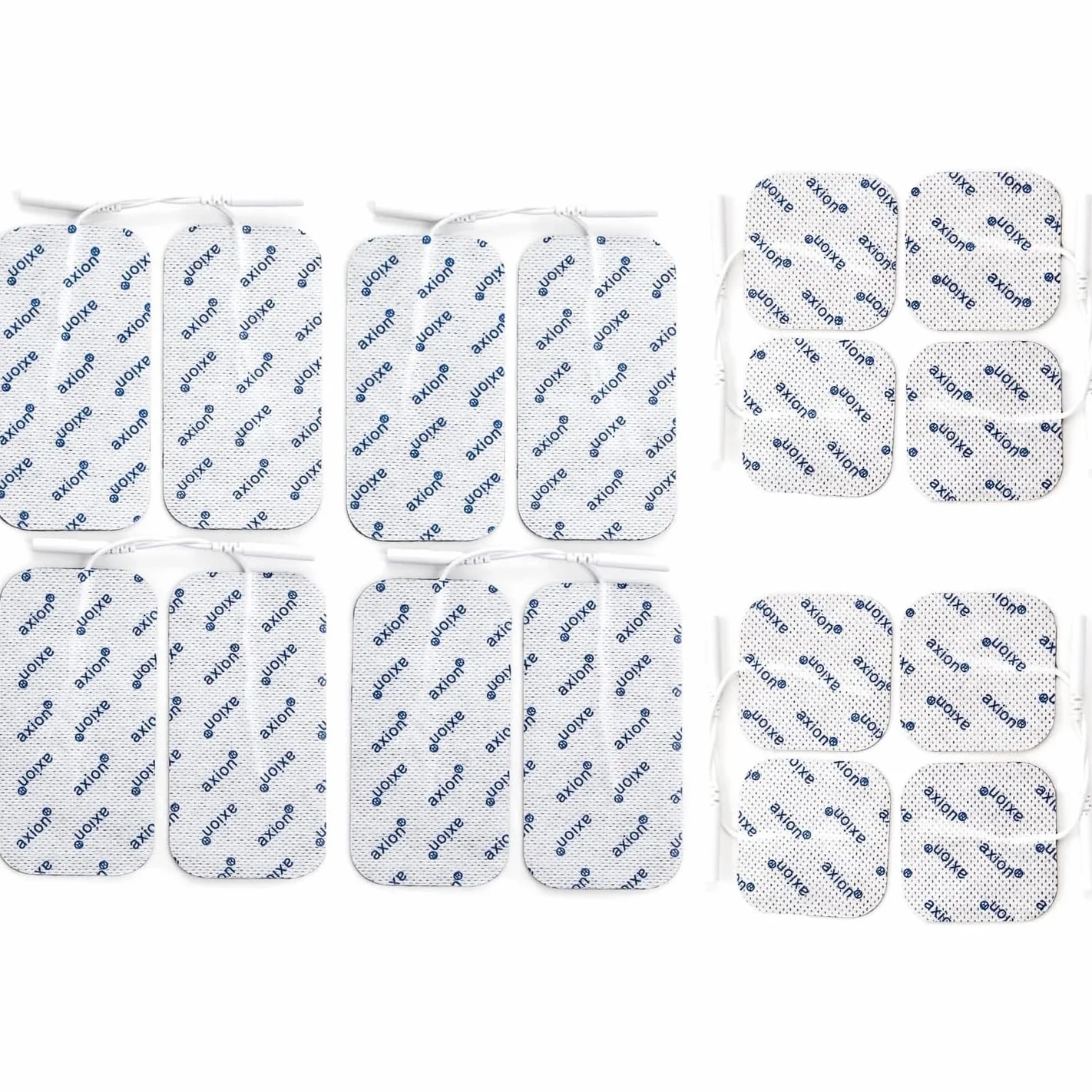 16 électrodes axion | Patchs 10x5 cm et 5x5 cm pour électrostimulateur TENS et/ou EMS réutilisables et autocollants avec connexion filaire de 2 mm