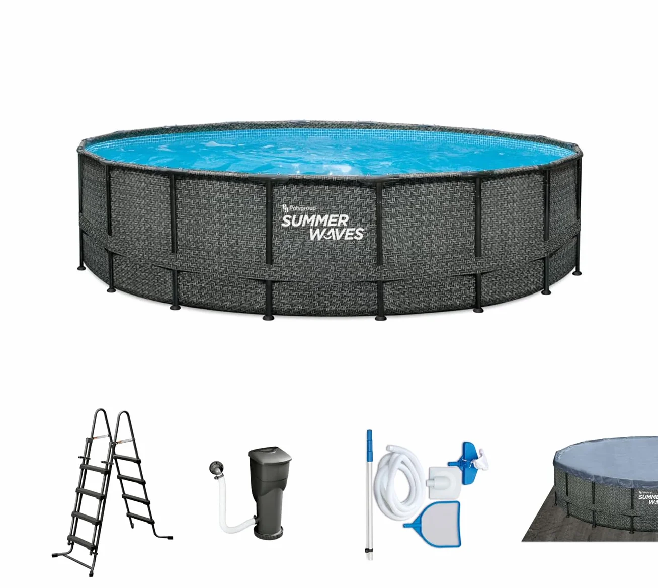 Summer Waves Piscine hors-sol Elite Frame rotin Gris Ø 488 x 122 cm