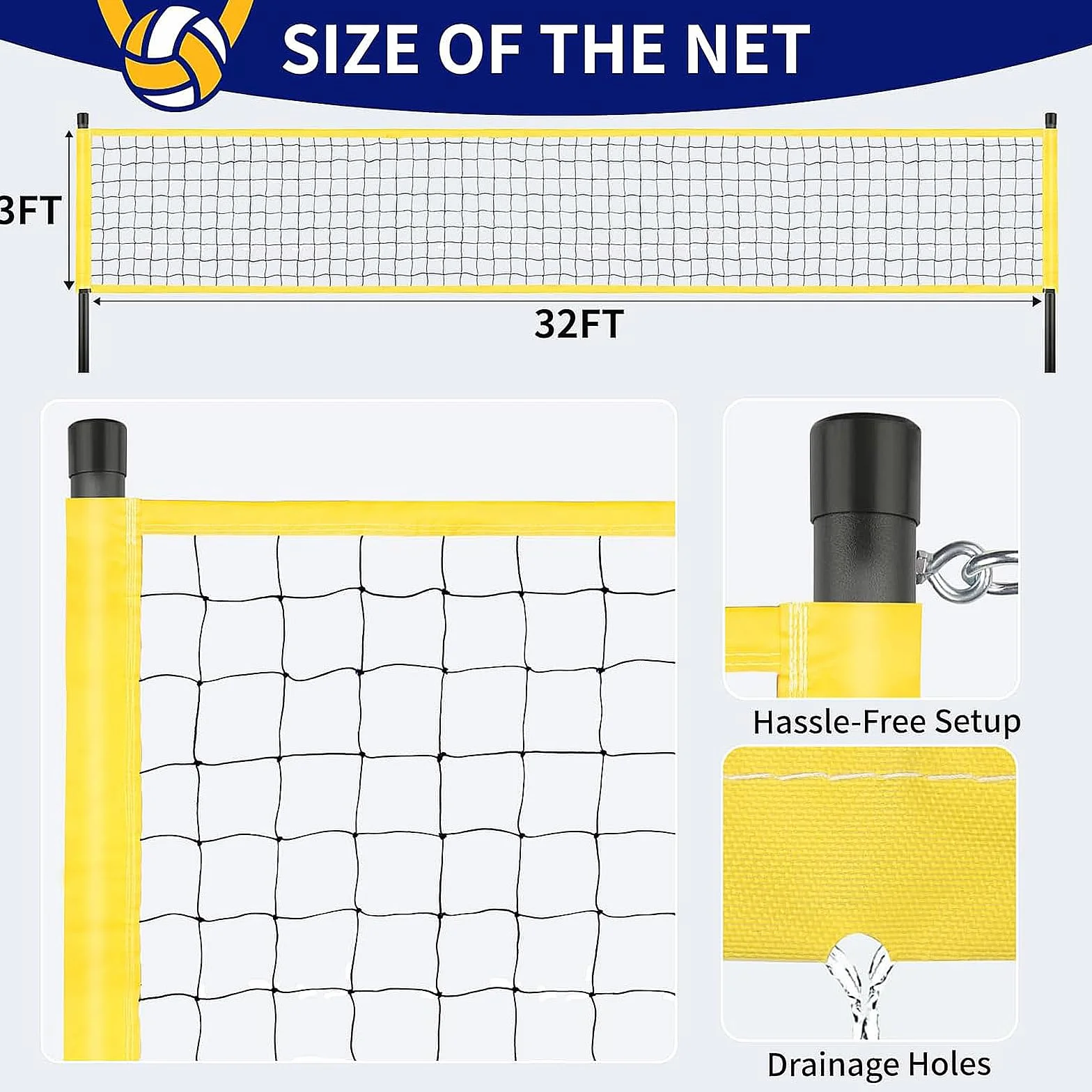 Filet de Badminton Volley-Ball Portable Réglable en Hauteur 9.75M x 0.91M Extérieurs