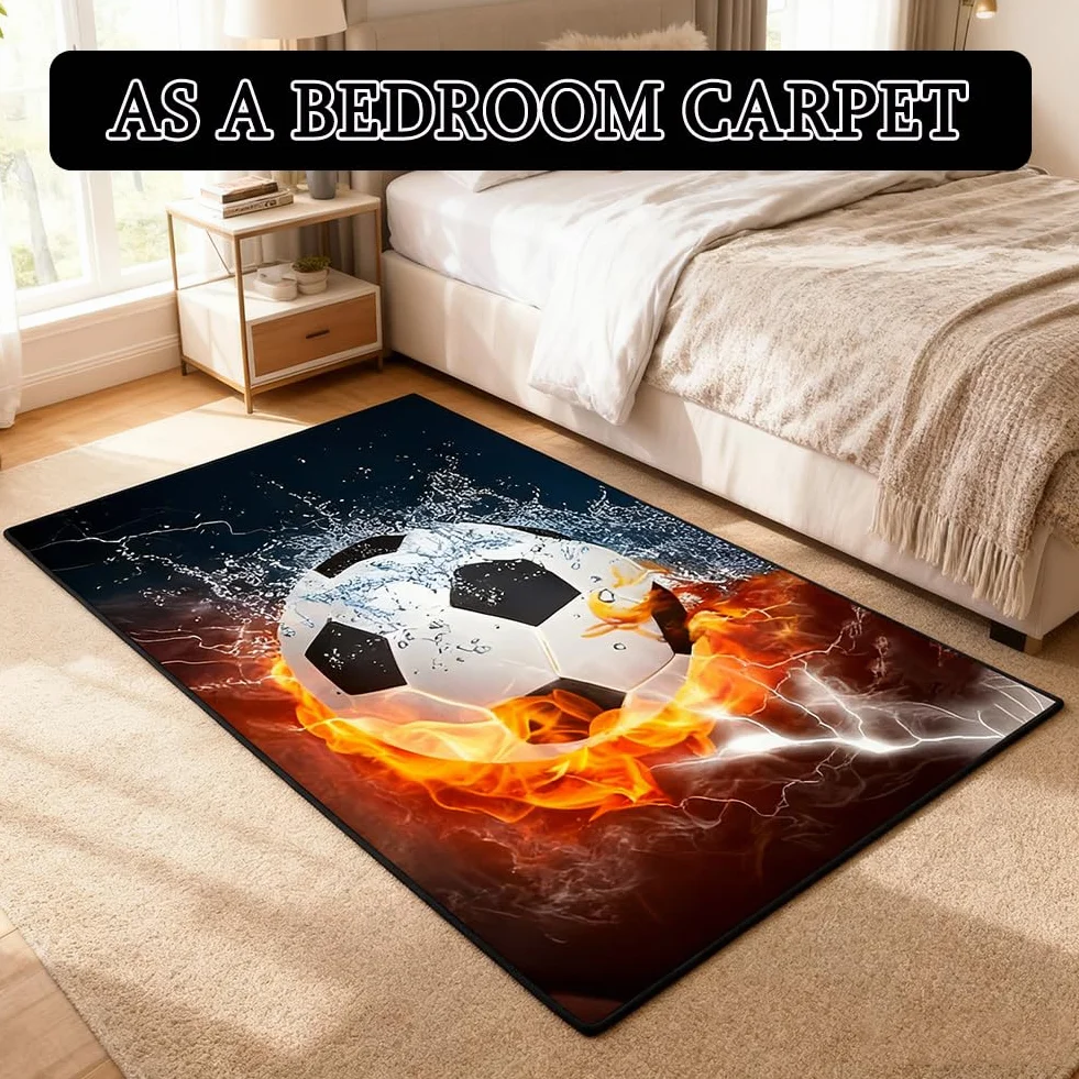 Tapis de Football Moquette Flamme Glace Motif Ballon Décoration Salon 80x120cm
