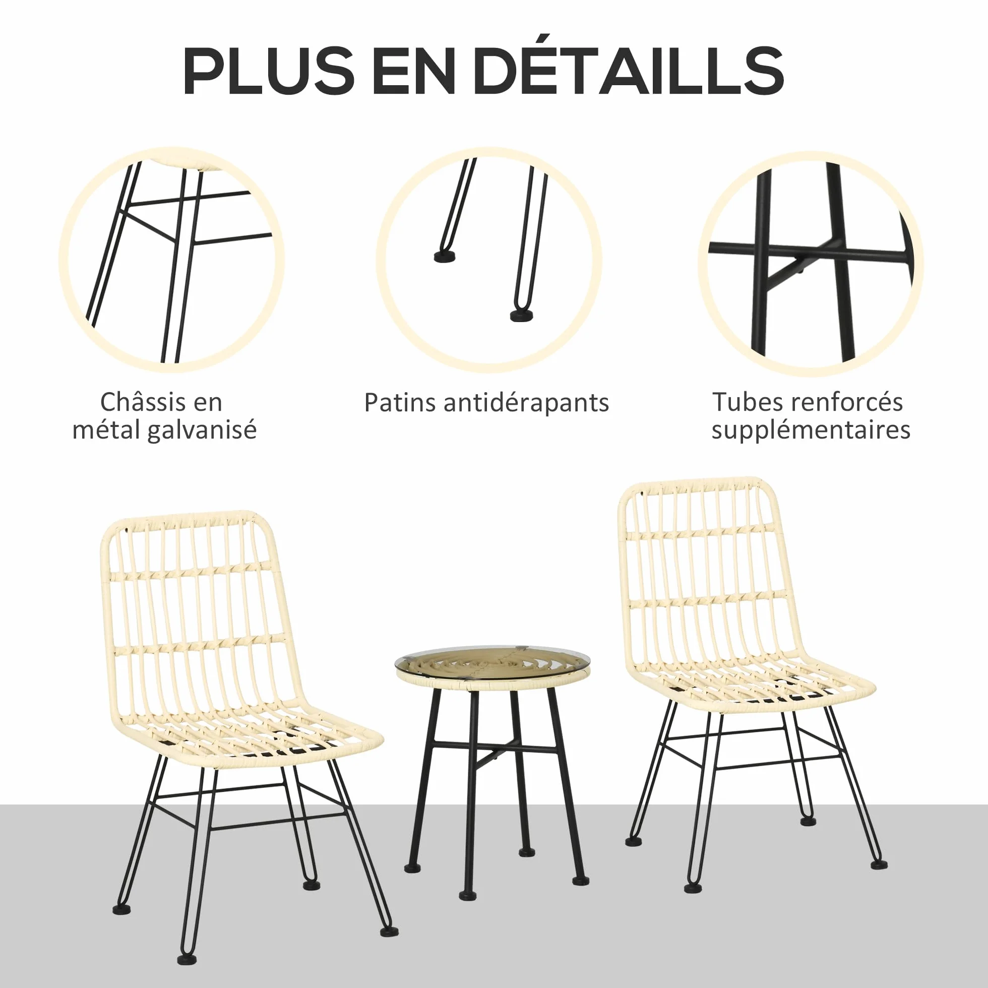 Outsunny Ensemble Bistro Jardin 3 pièces Table Basse Ronde Verre trempé 2 chaises Coussins zippés déhoussables Polyester résine tressée PE métal galvanisé Ø 45 x 50 cm crème