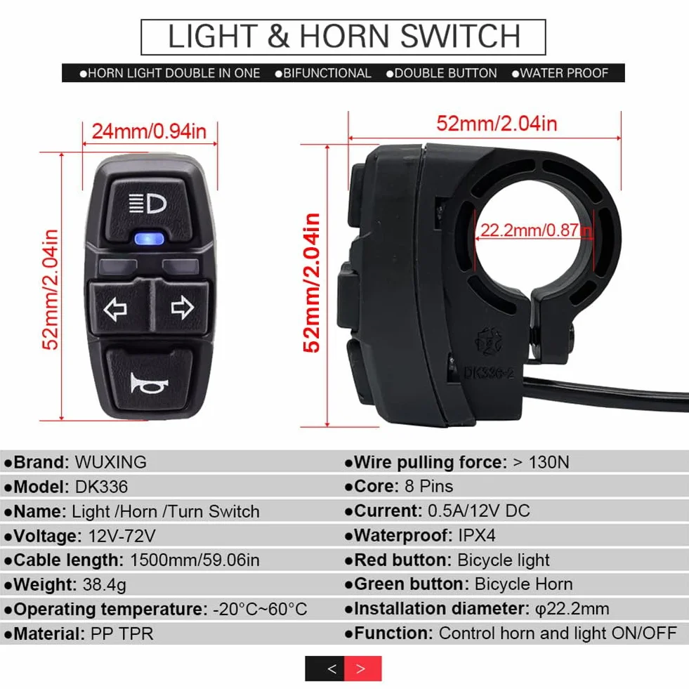 Ensemble de Feux et pour VéLo éLectrique 36V 48V 52V 60V avec DK336 Light Horn Turning Switch E-Bike Light
