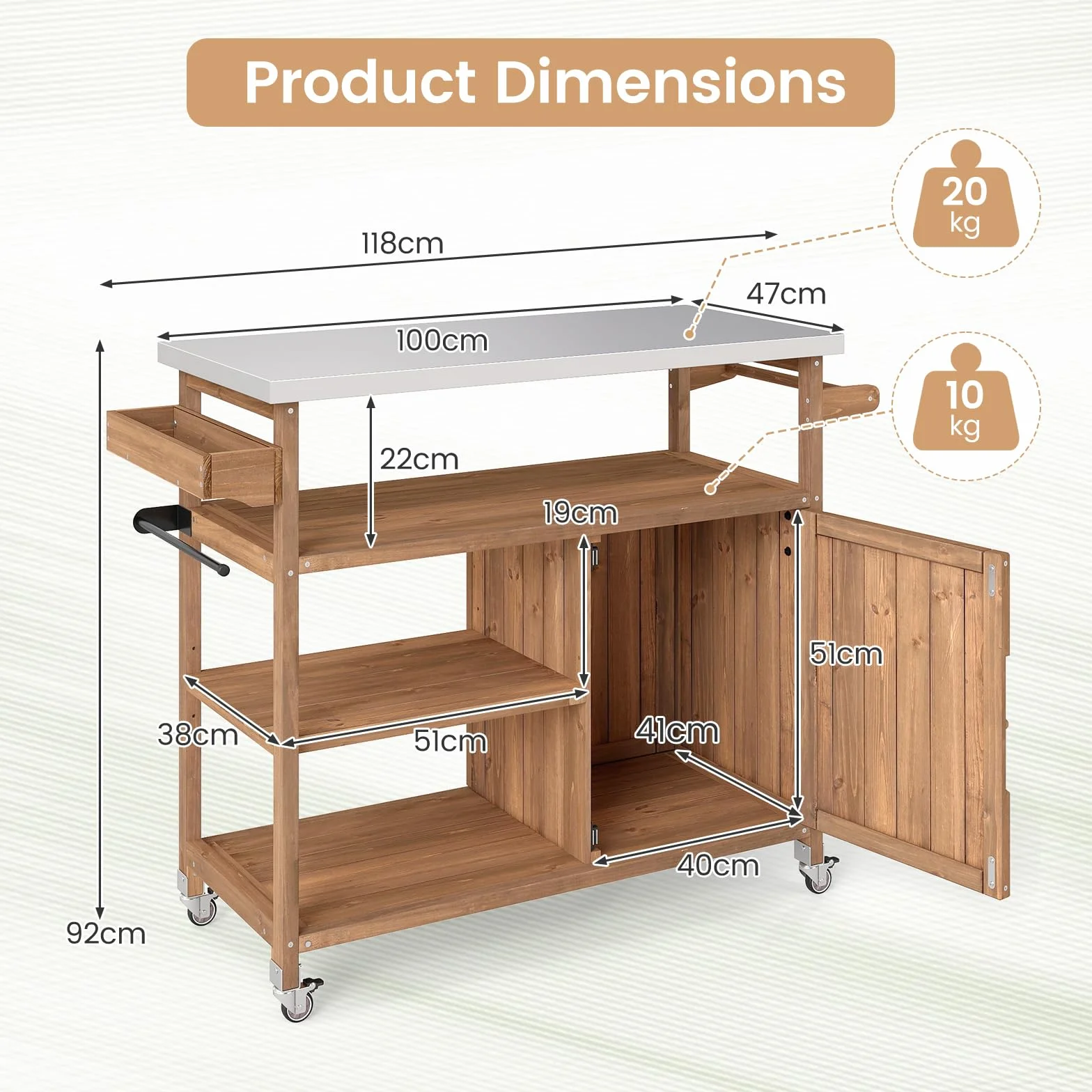 GIANTEX Desserte Plancha Exterieur en Bois de Spain, Plan de Travail Acier Inoxydable, 3 Étagères, 118 x 47 x 92 cm, Charge 50kg