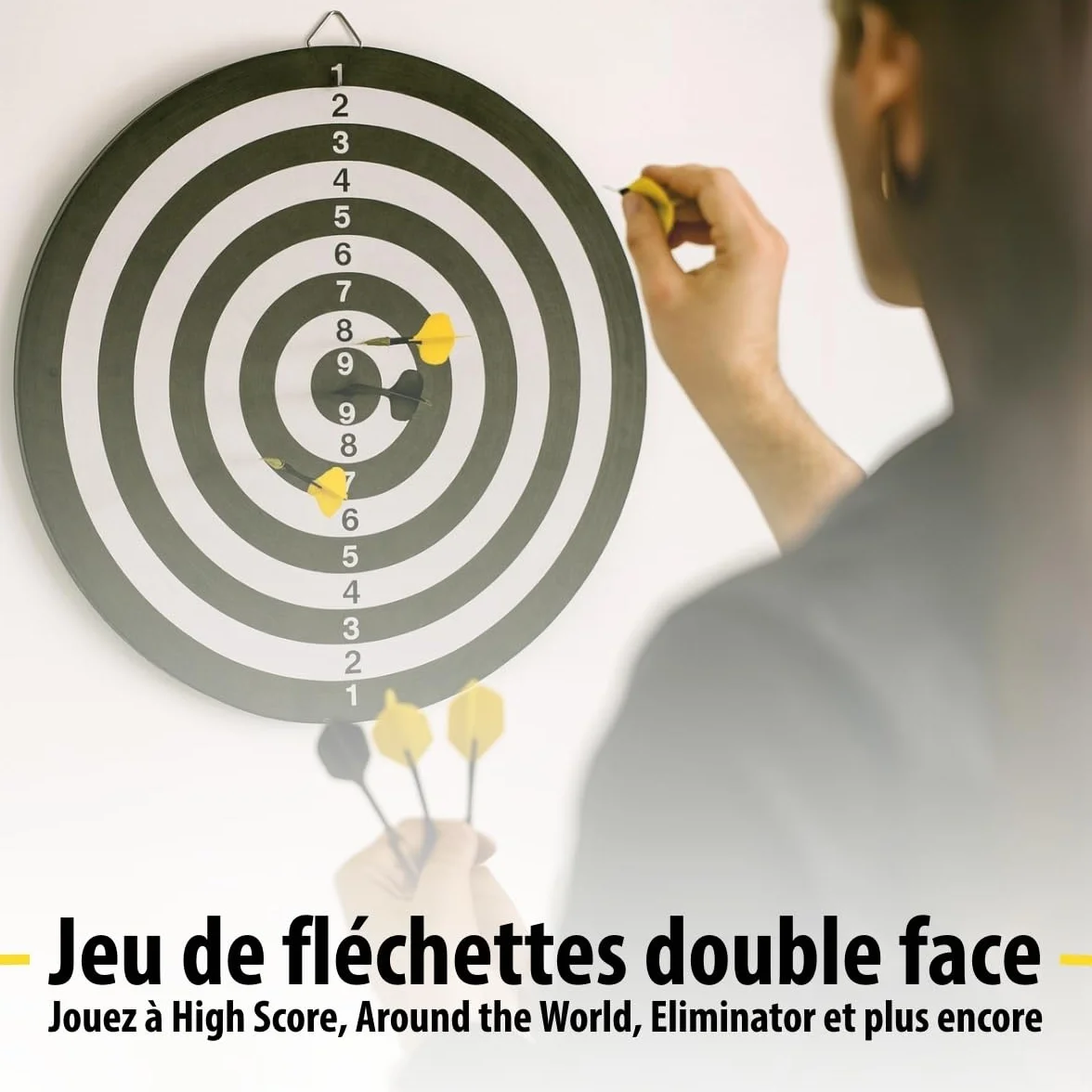 MasterArts Cible Fléchette – Jeu de Flechette 45 cm – avec 6 Projectiles À Pointe Métallique – Cible Double‑Face – avec Crochet De Suspension – Amusement chez Soi Ou Pub
