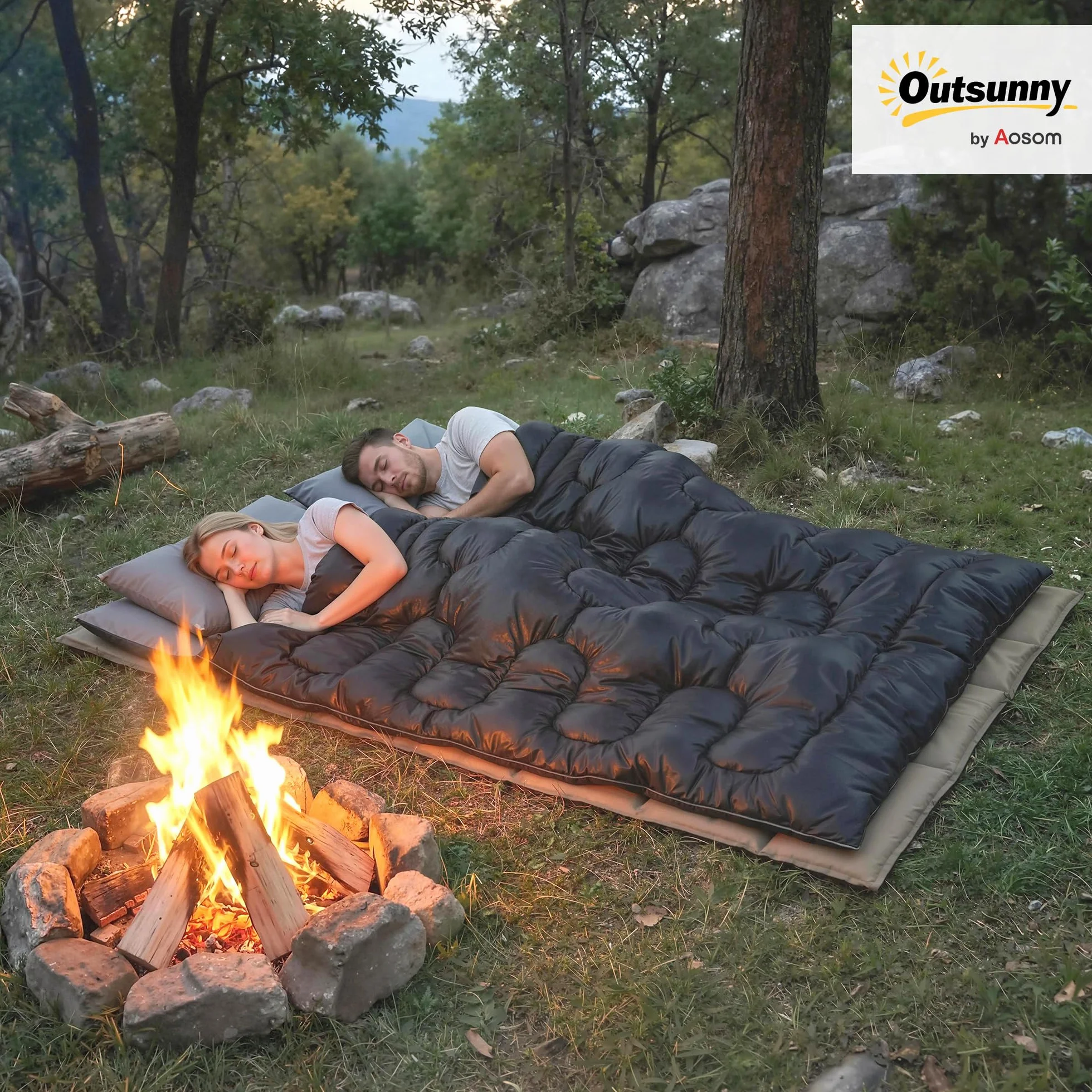 Outsunny Sac de Couchage Double Adulte Modulable 2 Oreillers Coton Creux 400 g/m² Camping Randonnée Noir