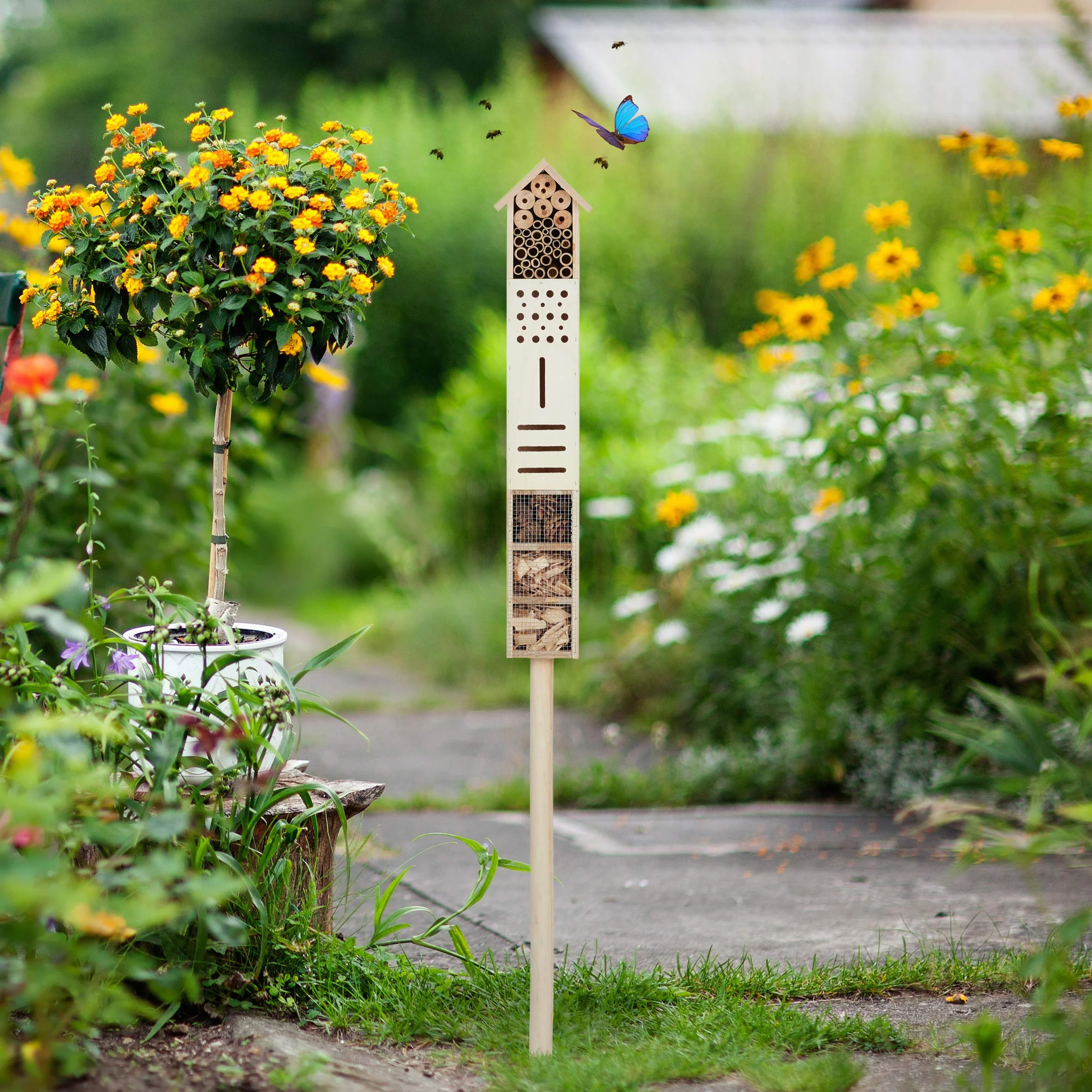 Relaxdays Hôtel à insectes piquet 148 cm nature Maison abeilles refuge jardin