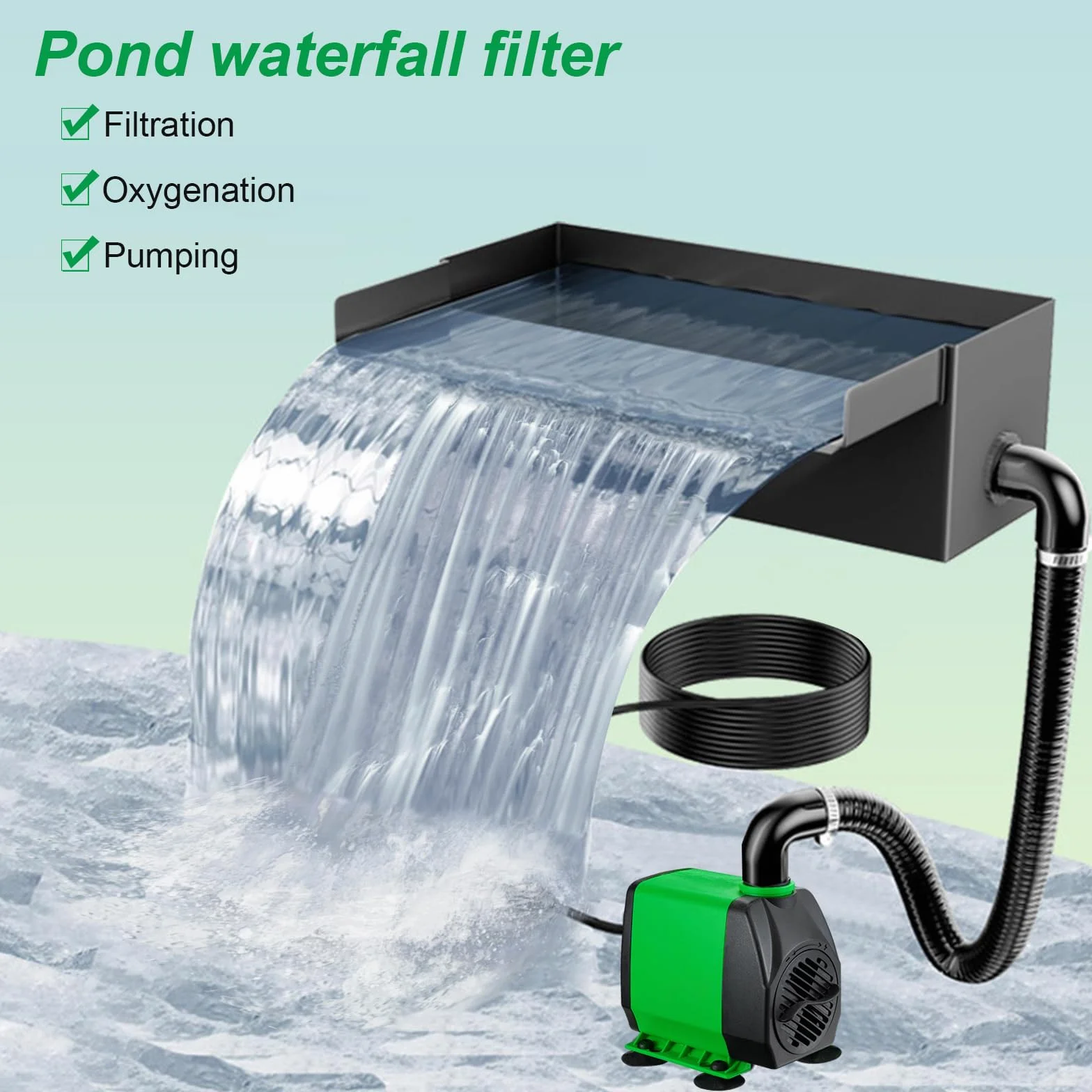 Pompe de bassin Cascade acier inoxydable noir 45 W 3000 l/h pour étang jardin