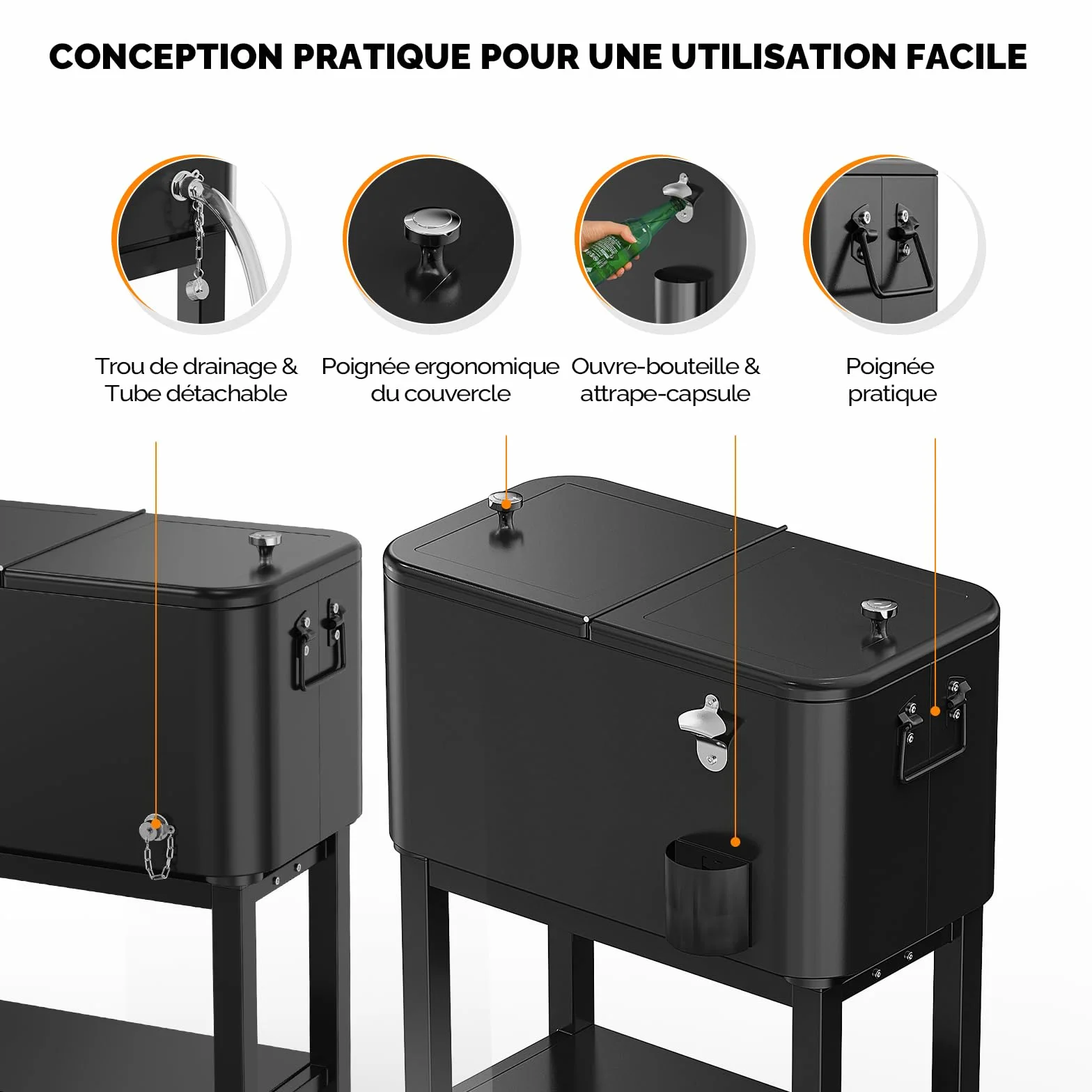 Bonnlo Glacière à roulettes 76 L Frigo Camping Jardin Chariot Frigorifique Ouvre-Bouteille Attrappe-Capsule