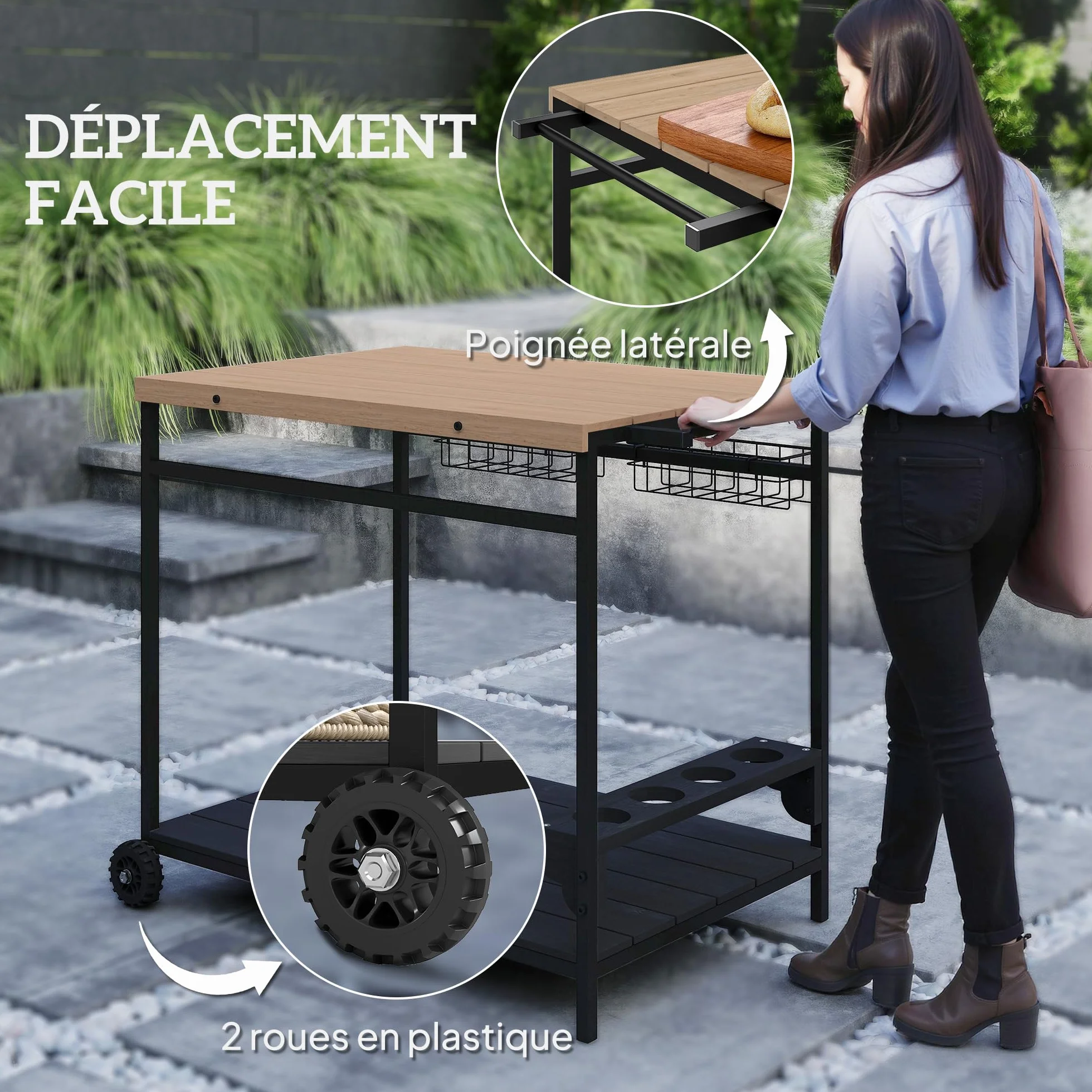Outsunny Desserte de Jardin Chariot pour plancha Barbecue en Bois et métal 2 Plateaux 2 paniers Porte-Bouteilles 97,5L x 65l x 81H cm Naturel Noir